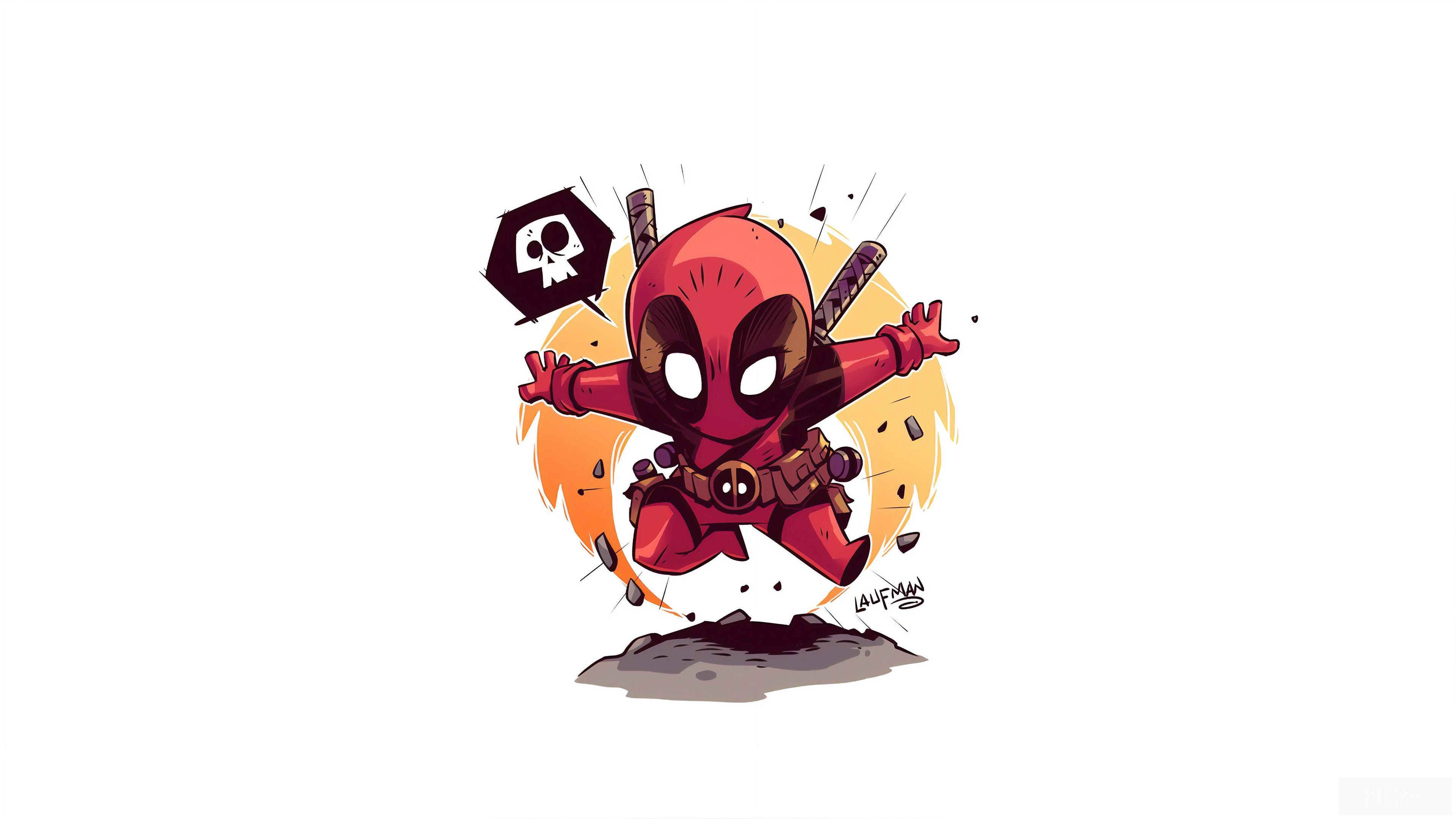 Chibi Deadpool jumping with a skull icon HD Wallpaper