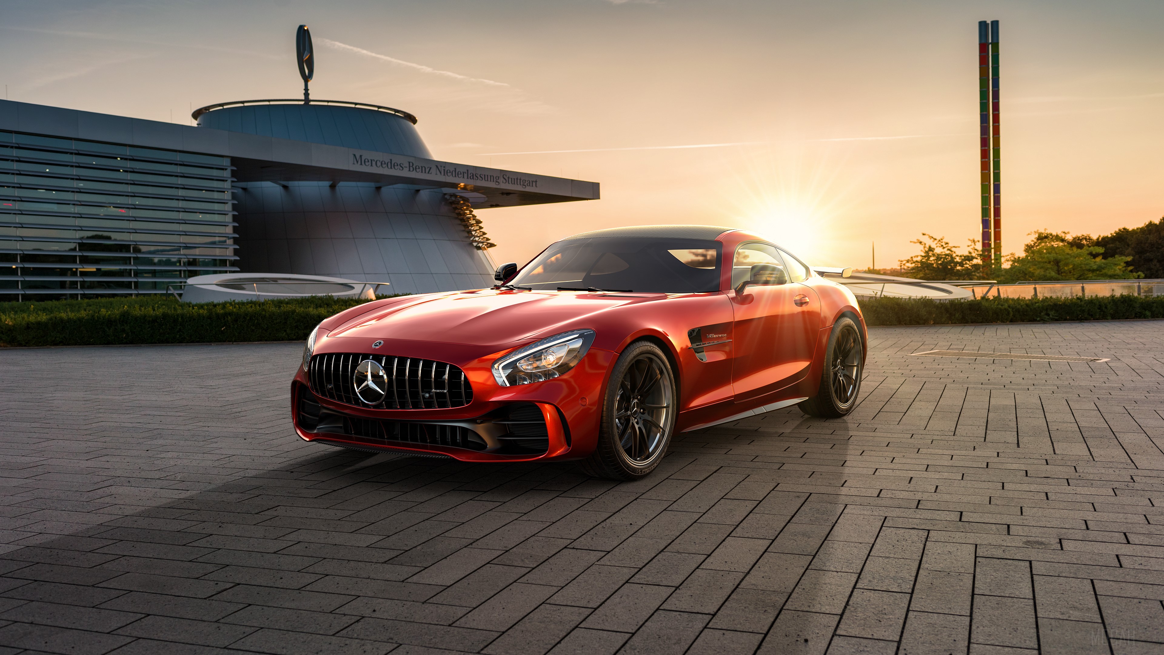 Red Mercedes-Benz AMG GT in front of Mercedes-Benz Museum HD Wallpaper