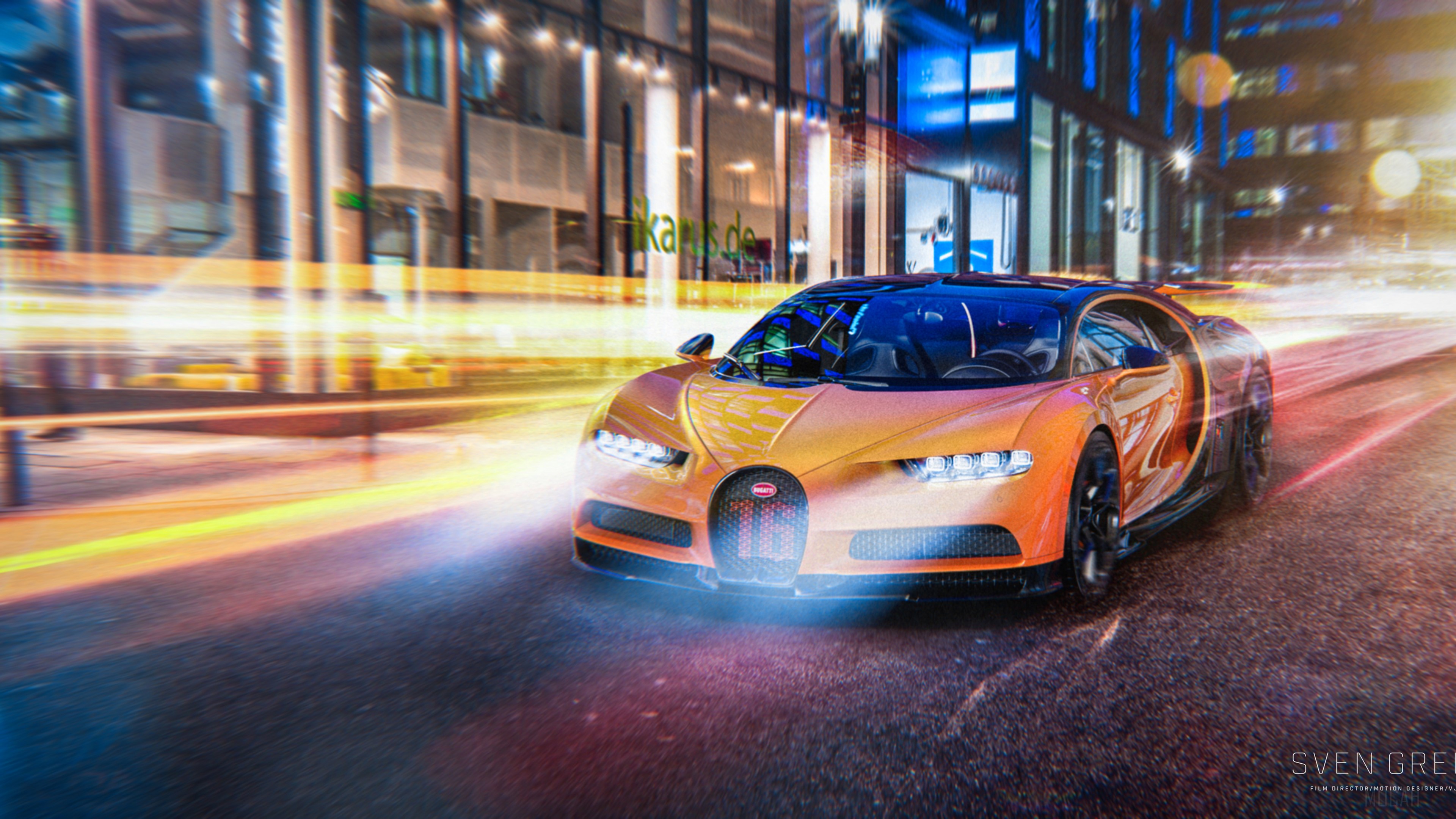 Orange Bugatti Chiron driving on city street at night 4K HD Wallpaper