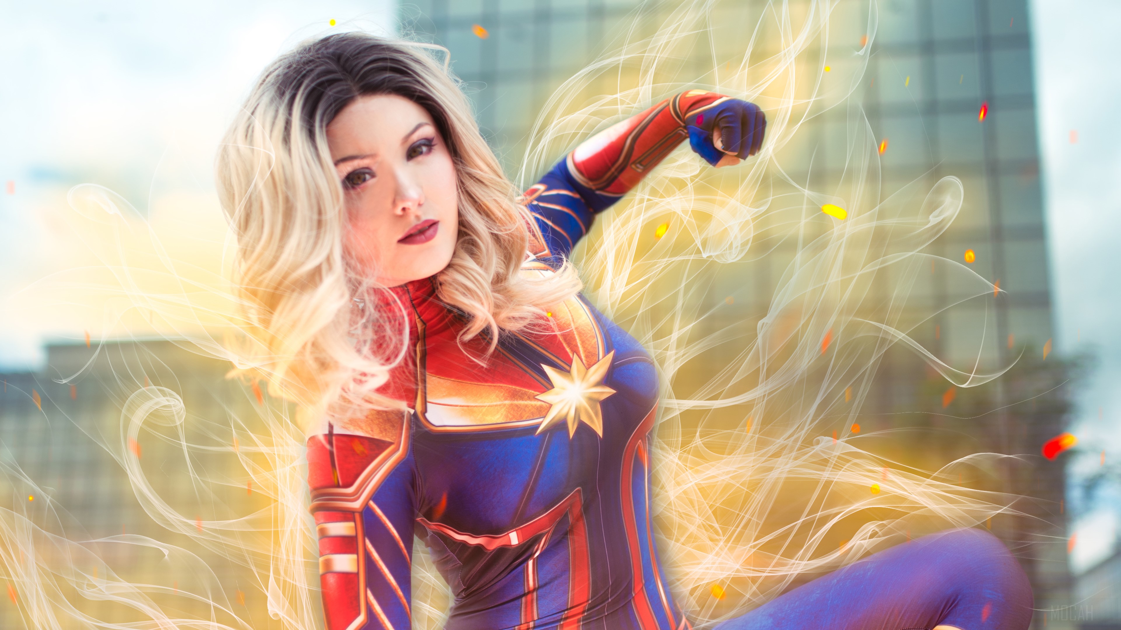 Captain Marvel Cosplayer with Glowing Energy HD Wallpaper