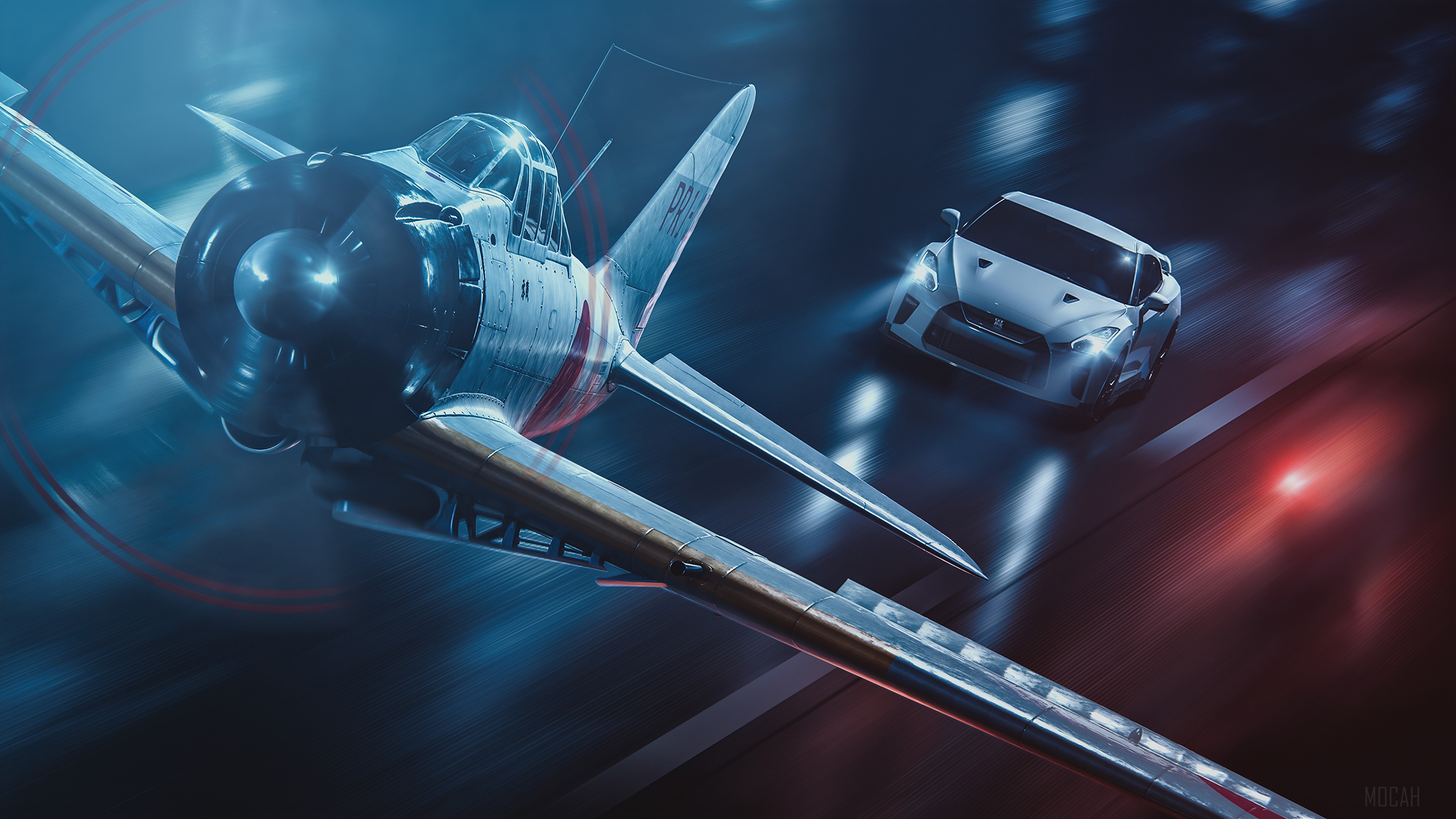 A6M2 Zero airplane and Nissan GTR 4K HD Wallpaper