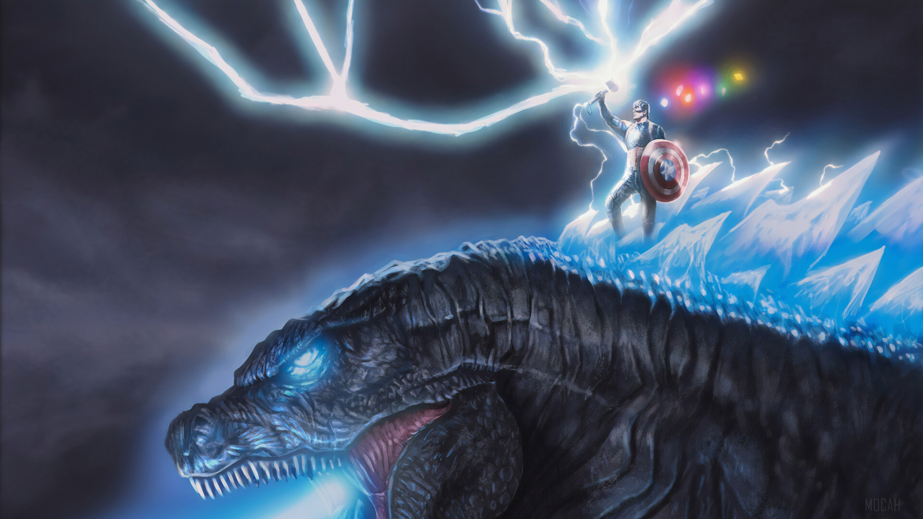 Captain America on Godzilla with Infinity Gauntlet and Mjolnir HD Wallpaper