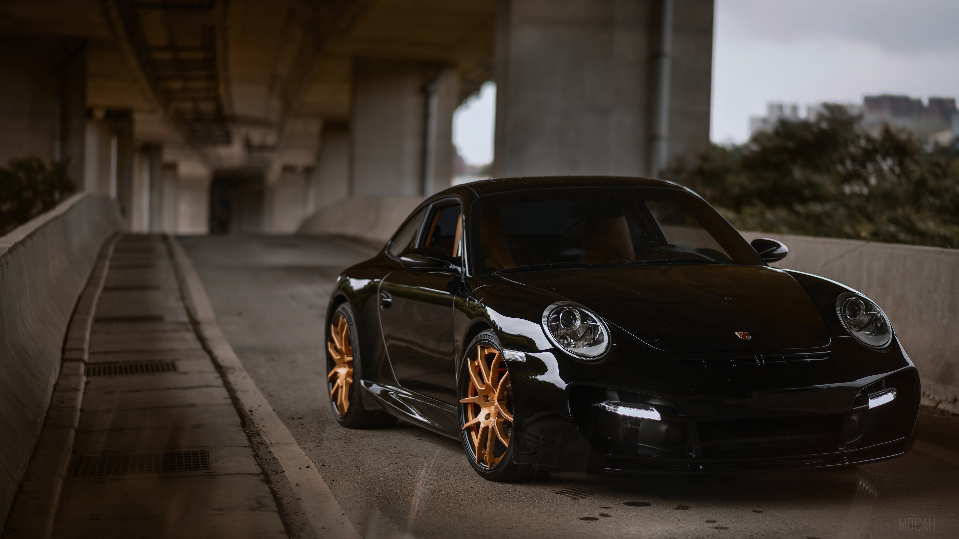 Black Porsche 997 Sportscar with Gold Wheels HD Wallpaper
