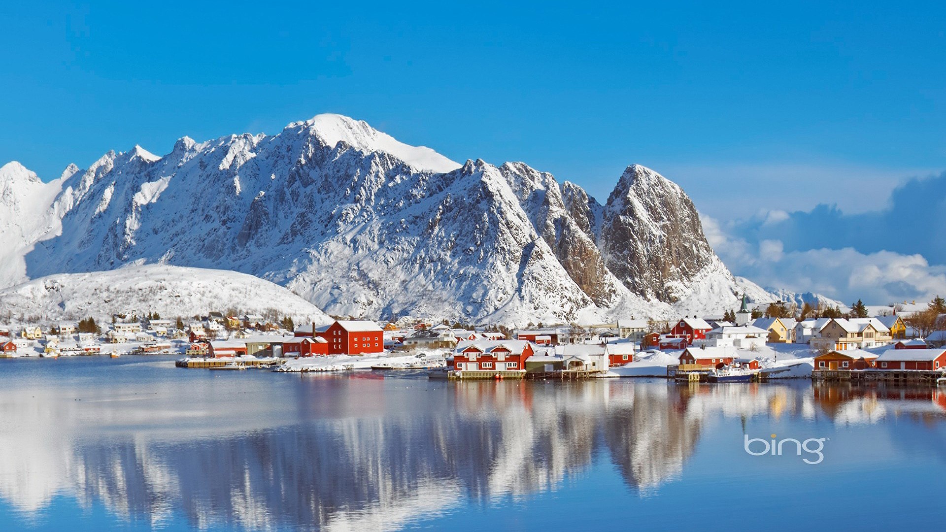 Snowy Norwegian Village with Mountains and Water HD Wallpaper