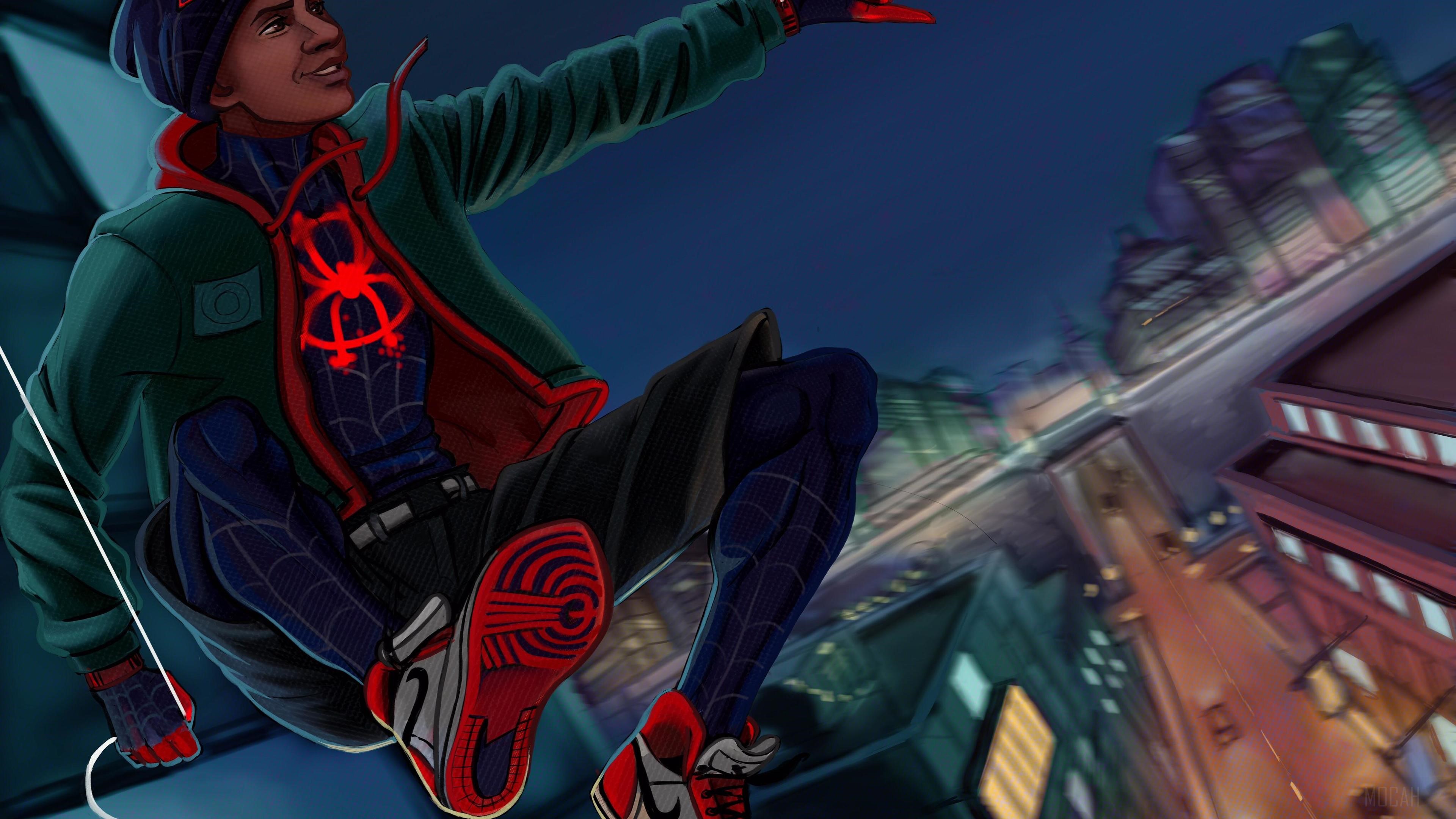 Miles Morales swinging through New York 4K HD Wallpaper