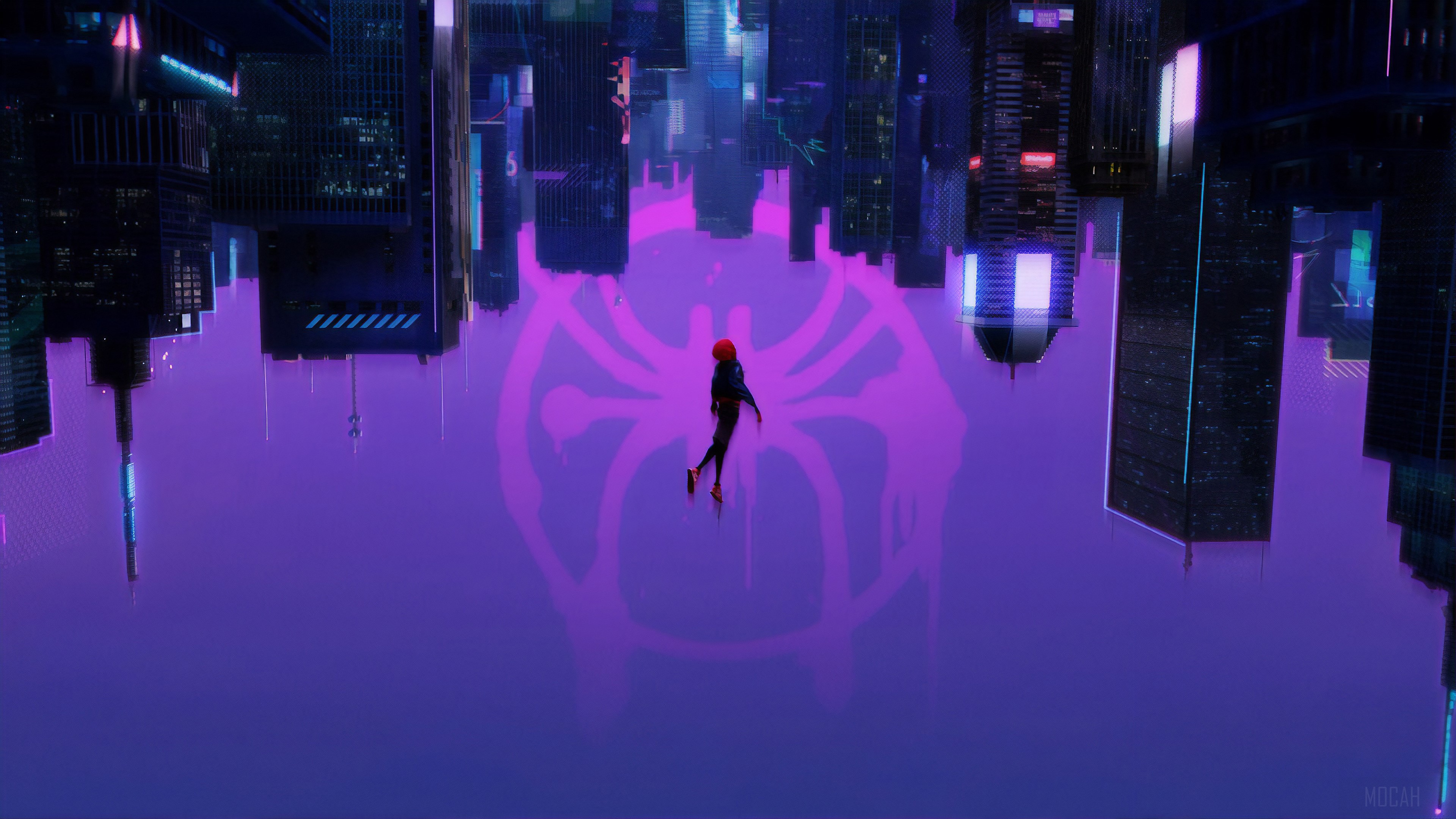 Miles Morales from Spider-Verse in a purple city HD Wallpaper