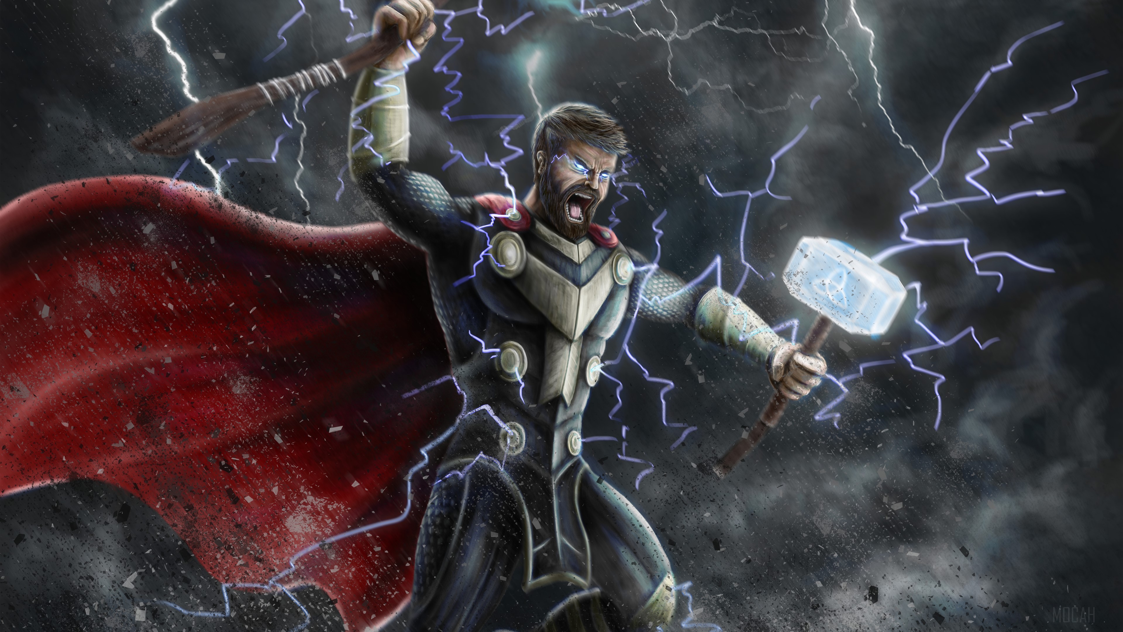 Thor with Mjolnir and Stormbreaker 4K Art HD Wallpaper