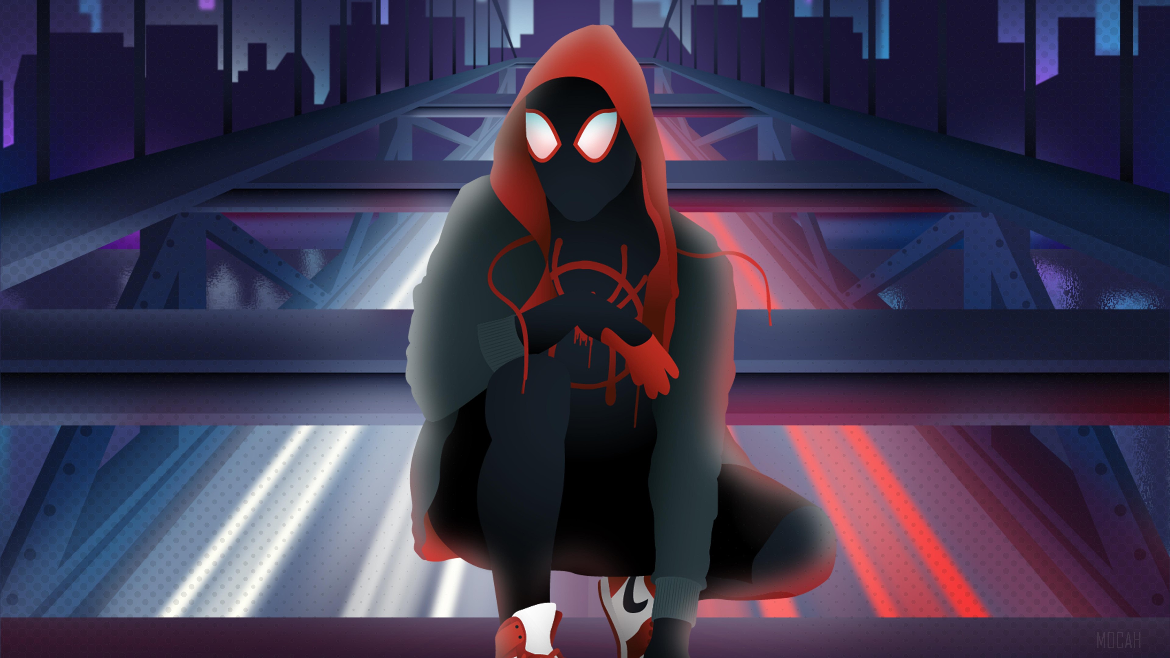 Miles Morales from Spider-Man crouching on a bridge HD Wallpaper