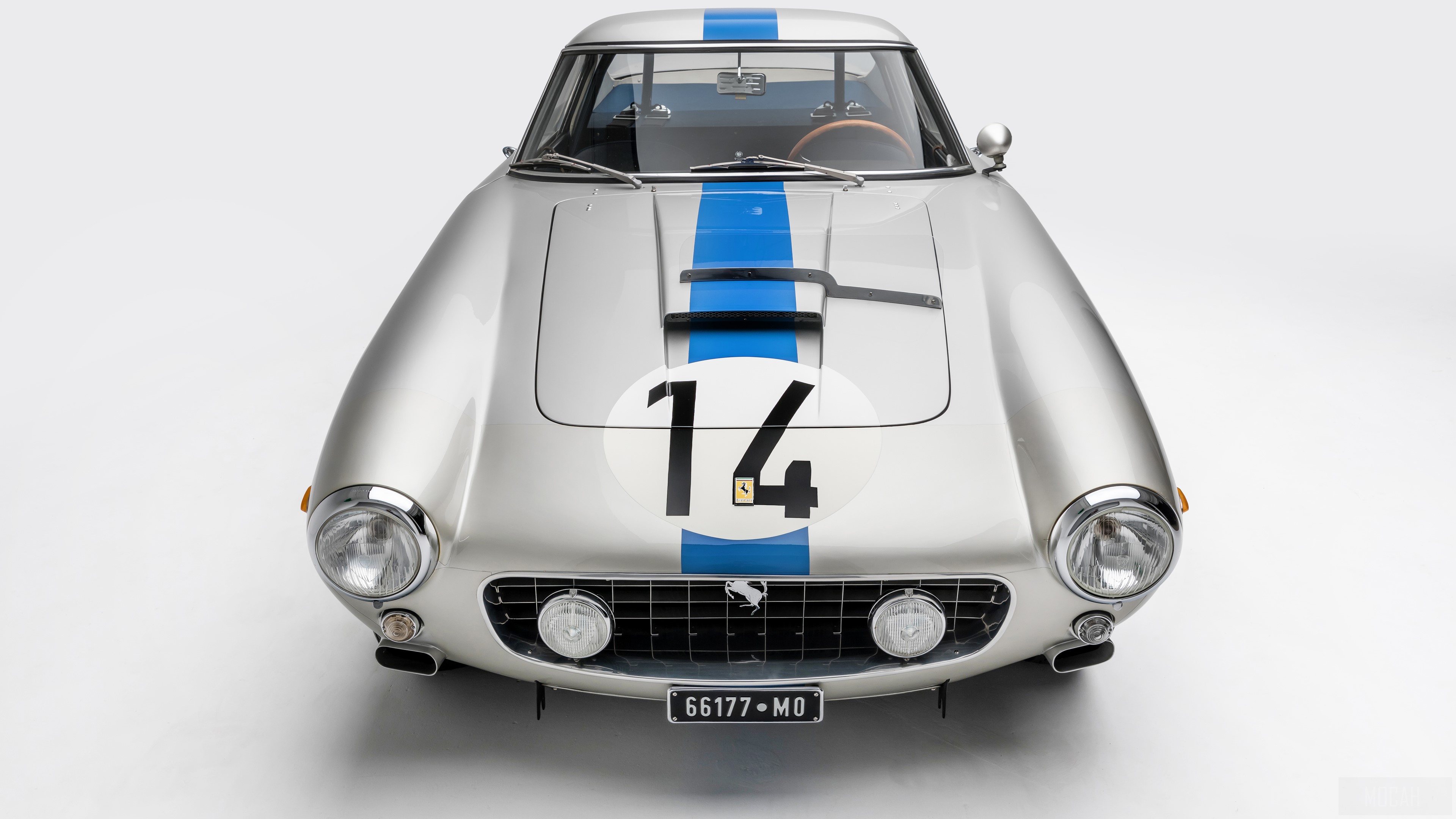 Silver Ferrari 250 GT with Blue Stripes and Number 14 HD Wallpaper