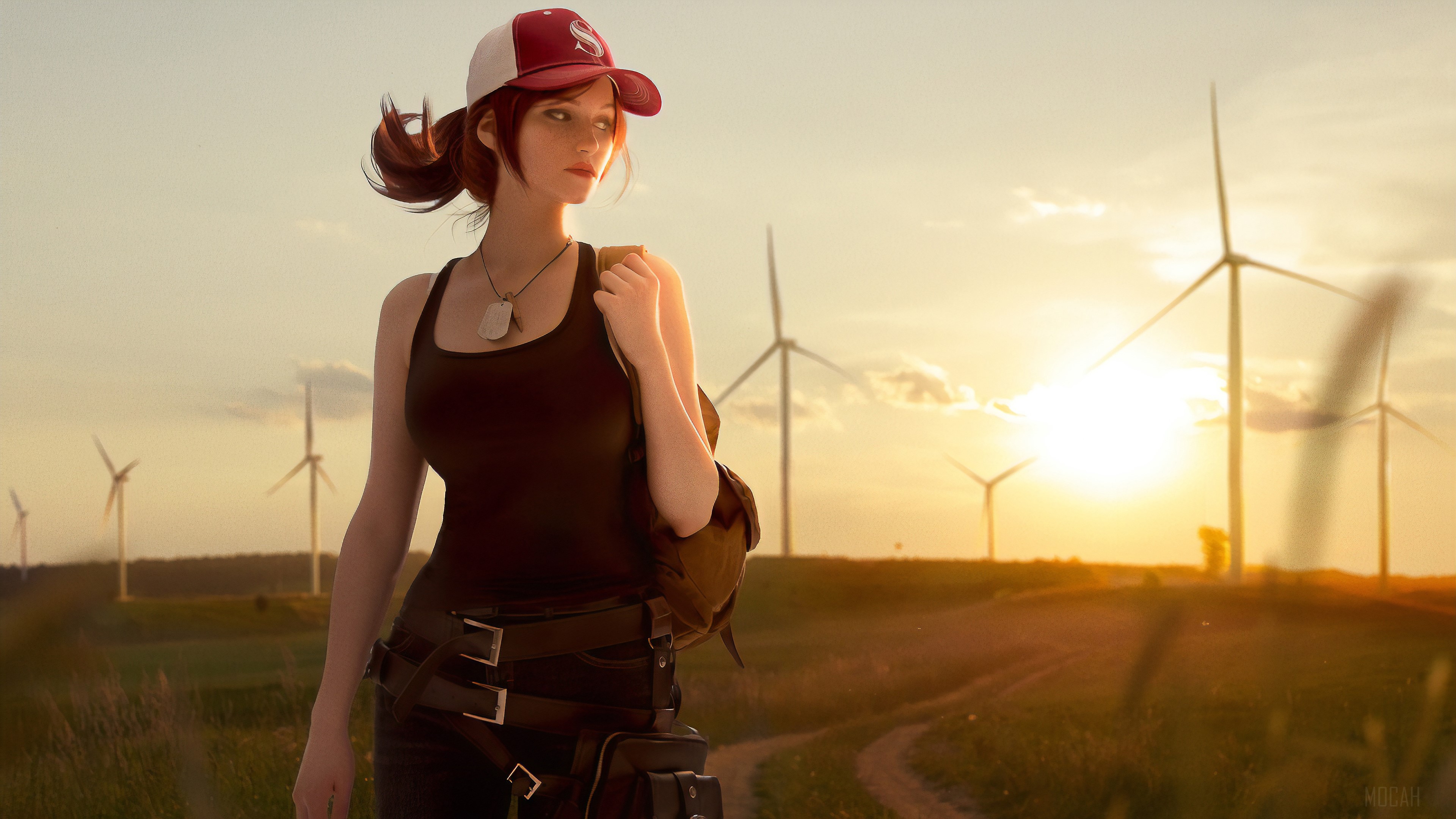 Girl in PUBG Cosplay with Windmills at Sunset 4K HD Wallpaper