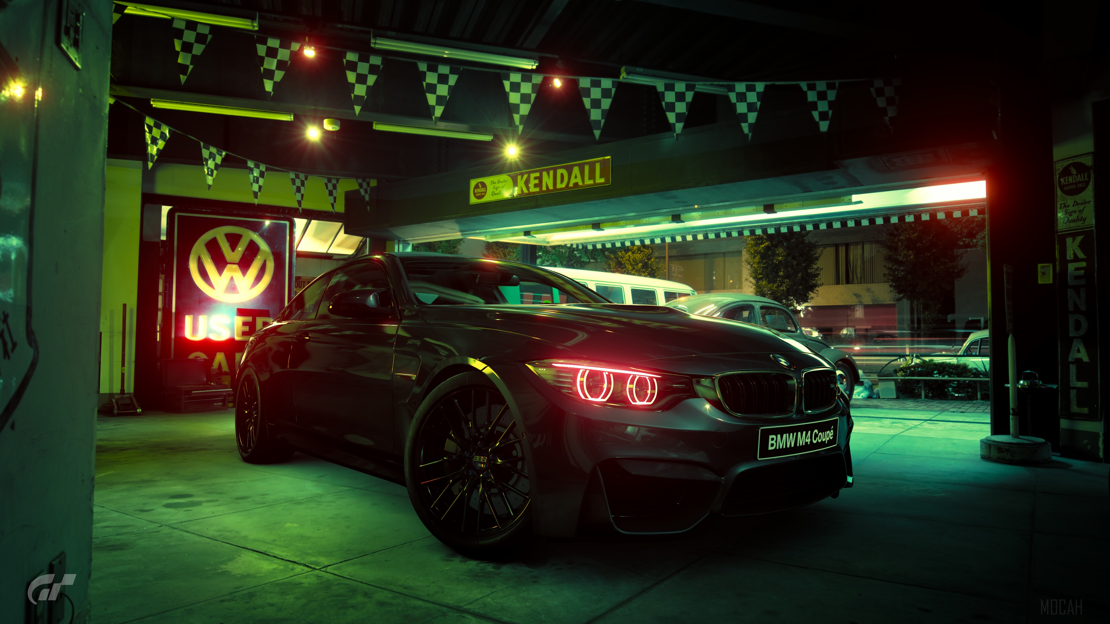 BMW M4 Coupe in a garage with checkered flags HD Wallpaper