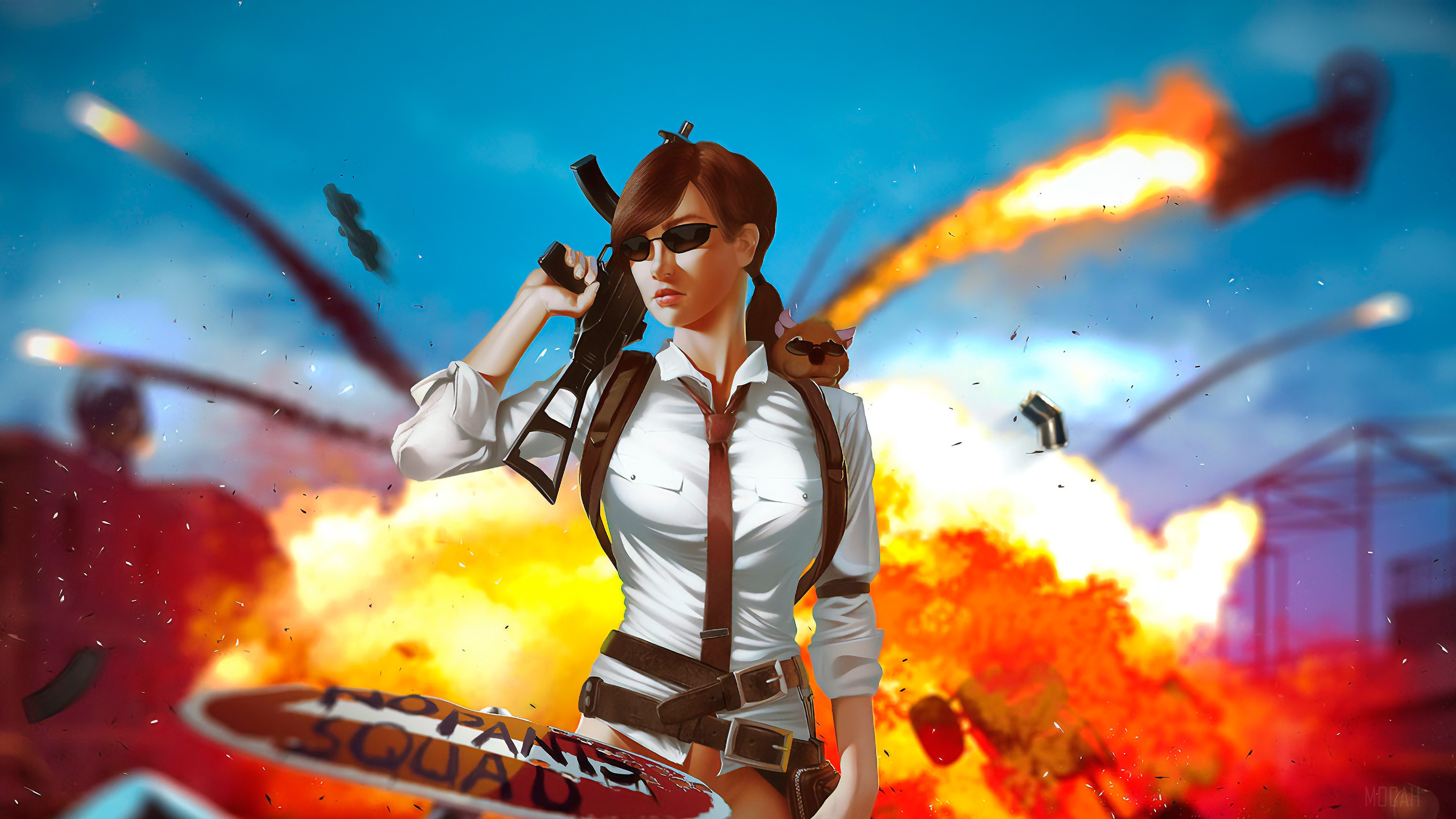 Girl with gun and explosions in PUBG 4K HD Wallpaper
