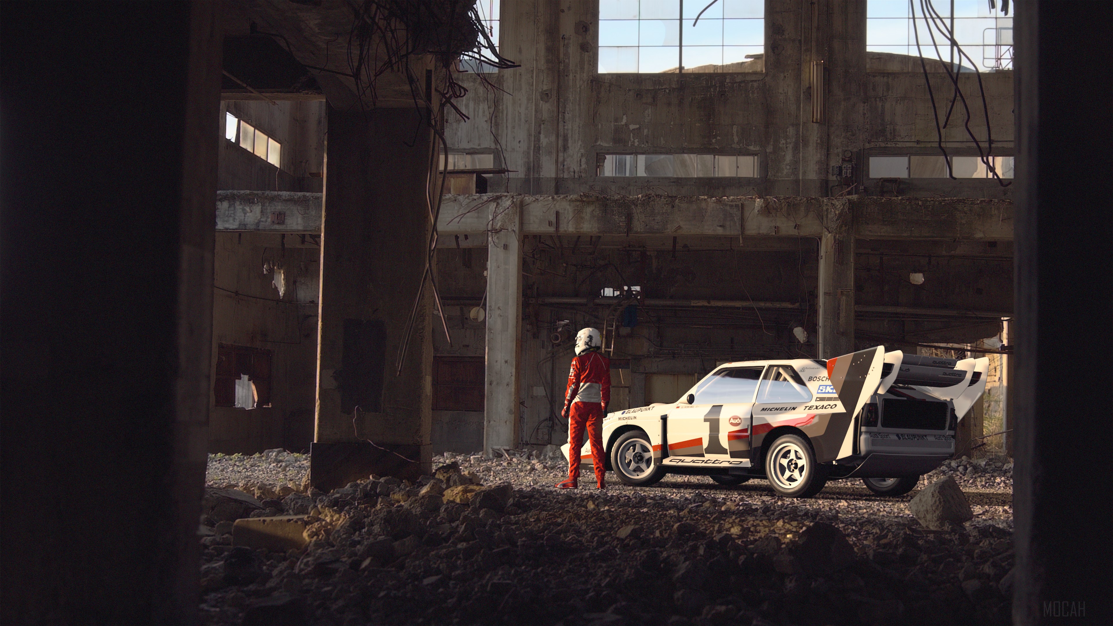 Racer and Audi Quattro in Ruined Building 4K HD Wallpaper