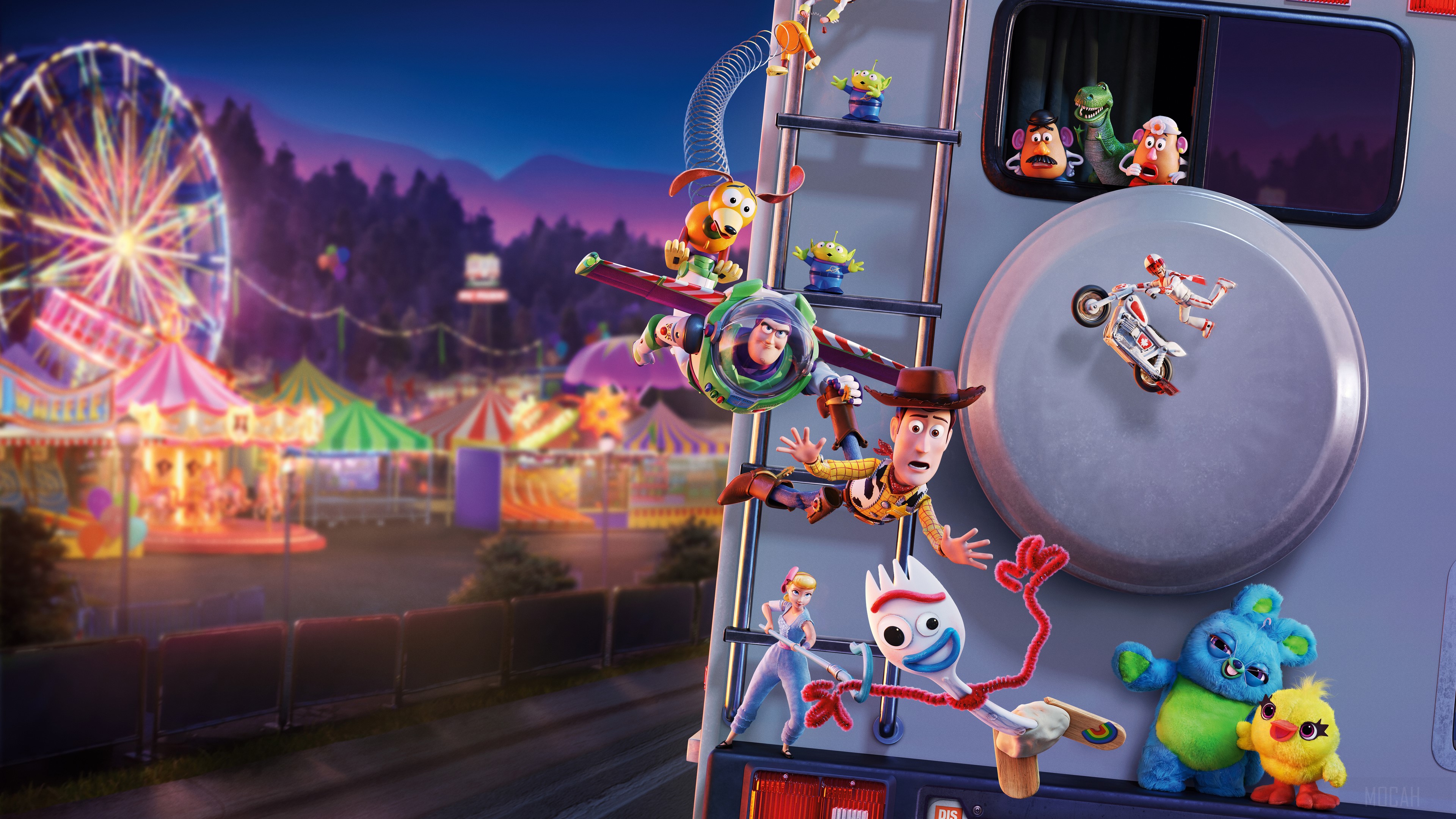 Toy Story 4 characters at a carnival 4K HD Wallpaper