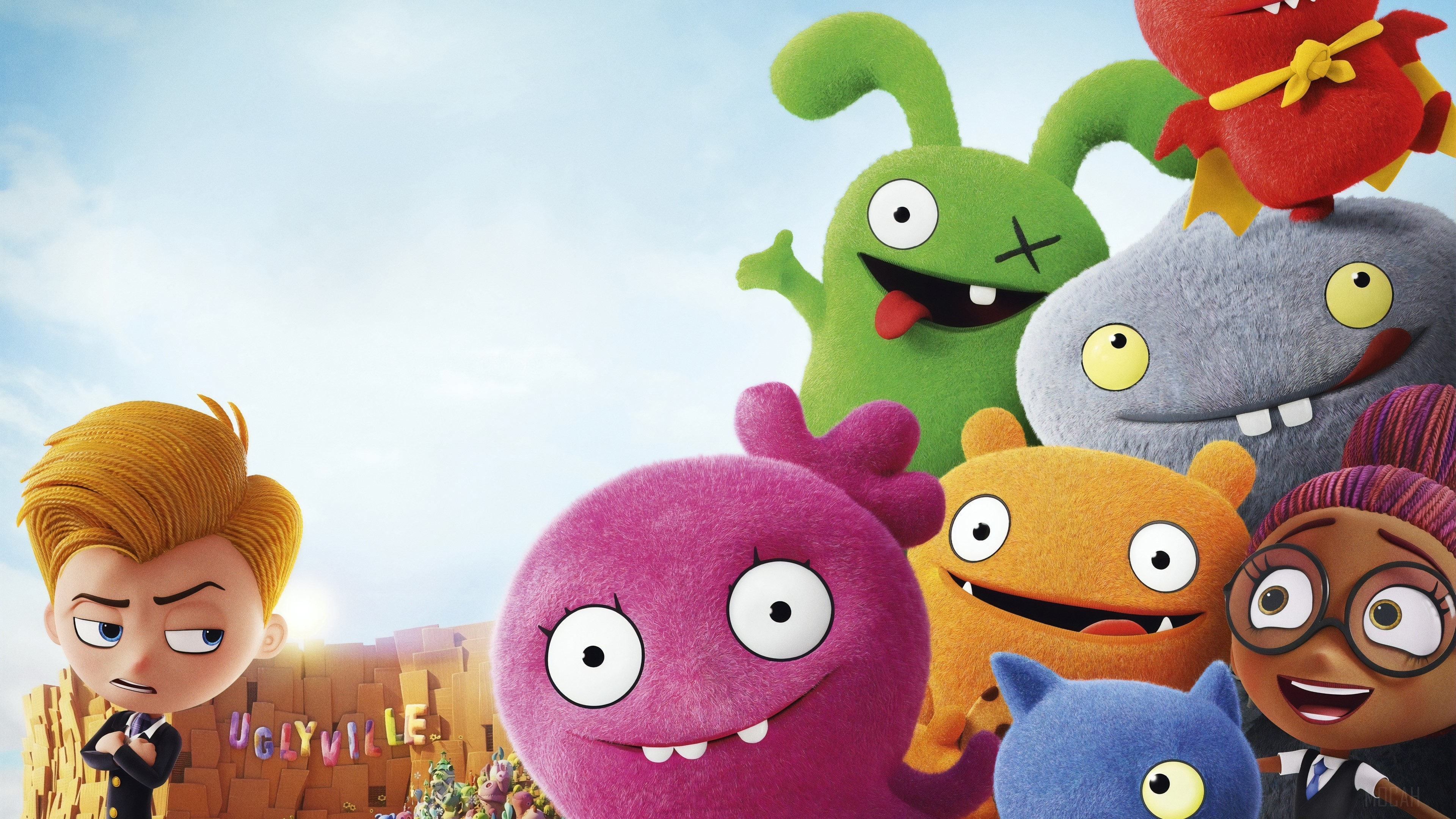 UglyDolls characters and a boy in Uglyville 4K HD Wallpaper