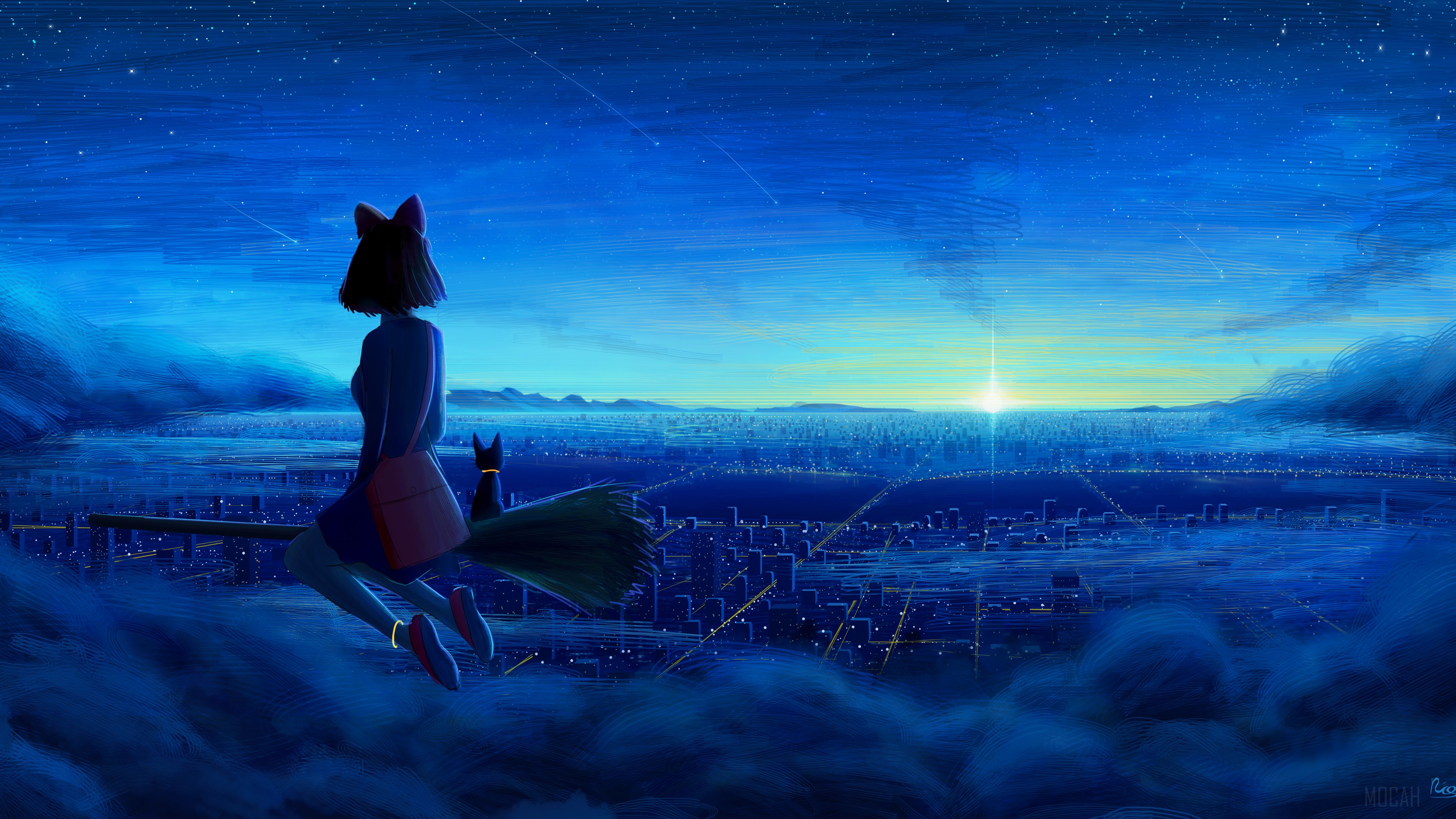 Kiki from Ghibi flying over a cityscape at night HD Wallpaper