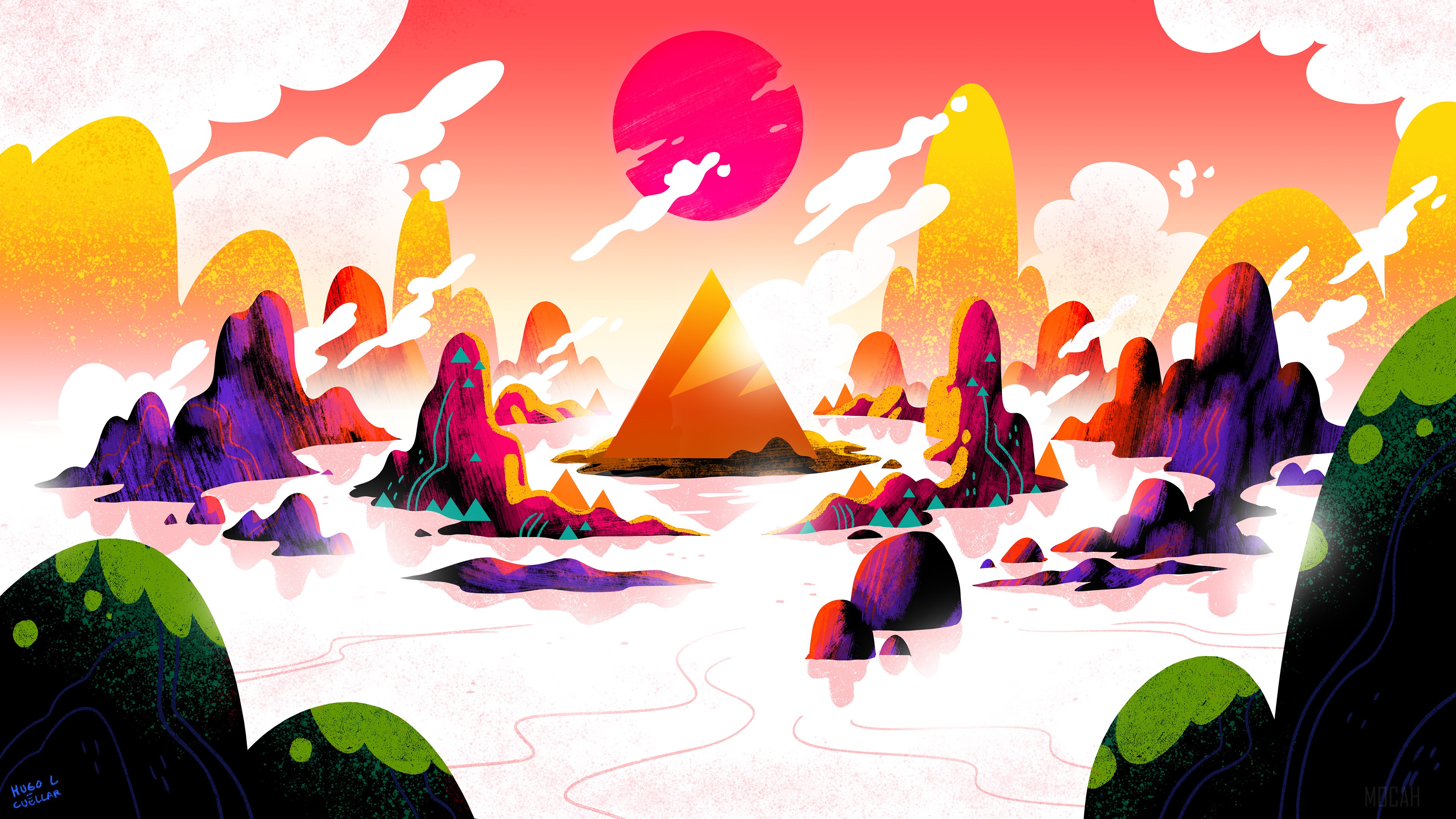 Surreal landscape with pyramid and mountains 4K HD Wallpaper
