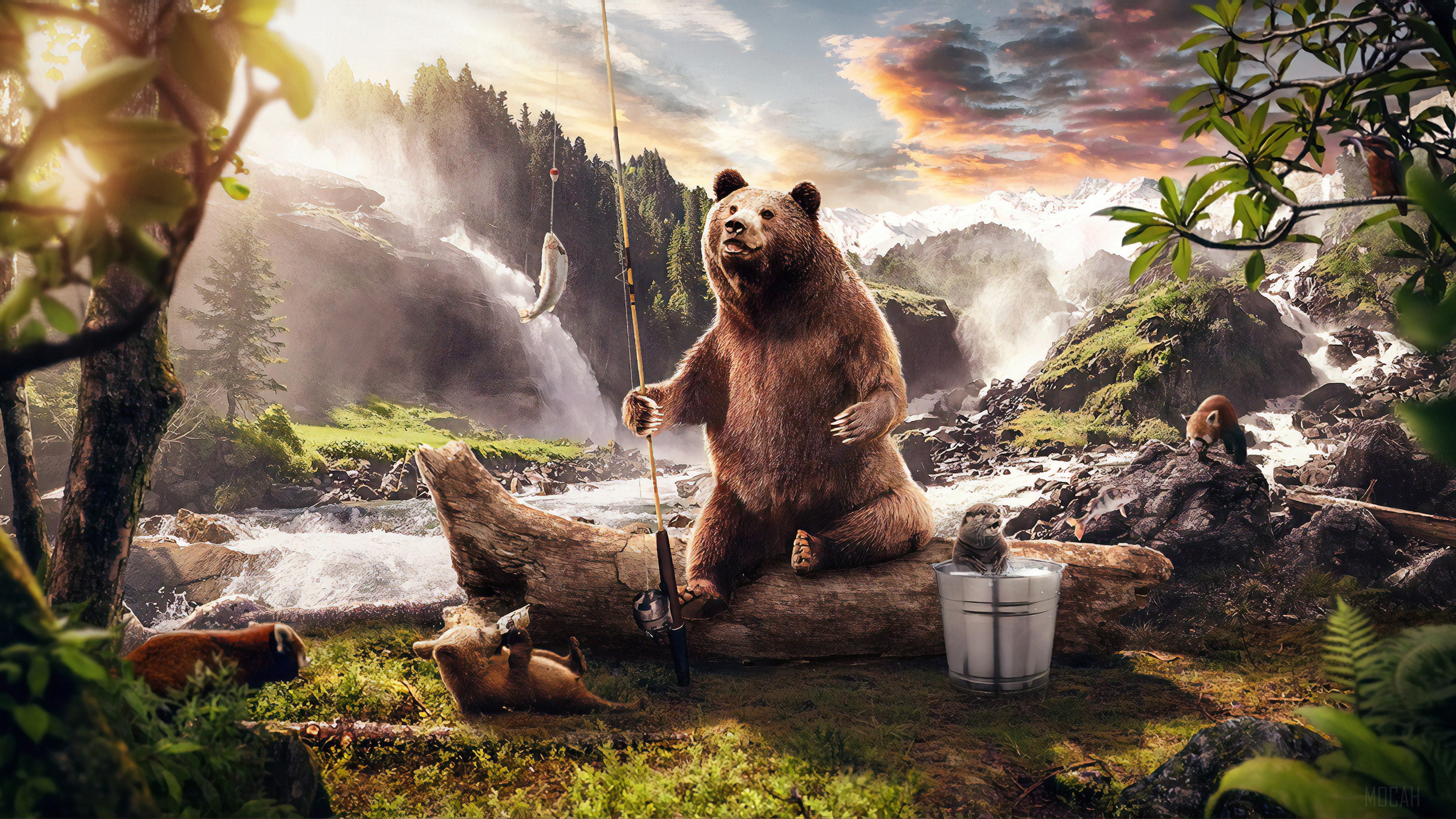 Bear fishing with a waterfall and mountains in the background 4K HD Wallpaper