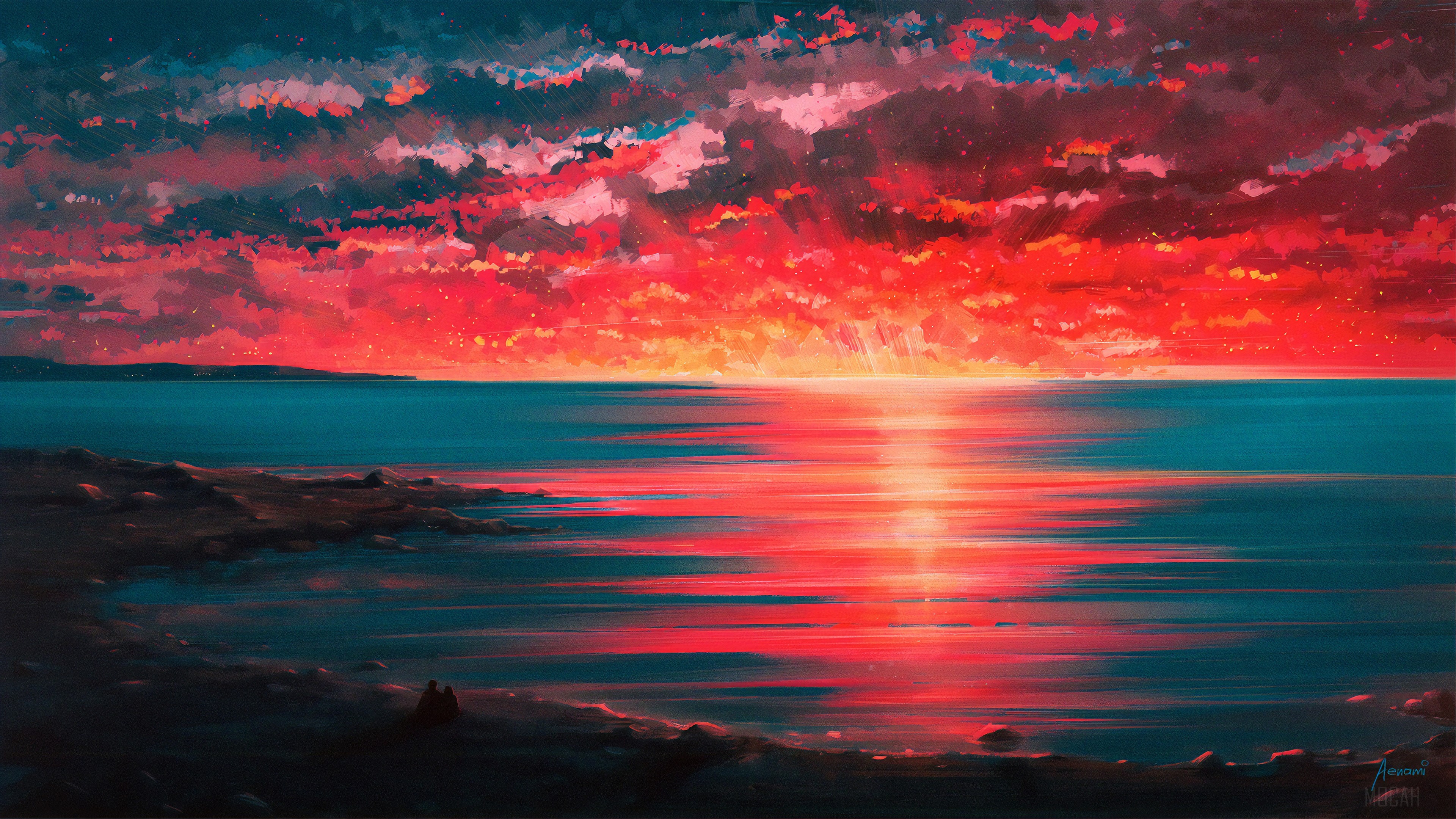 Sunset over the sea with two people on the shore HD Wallpaper