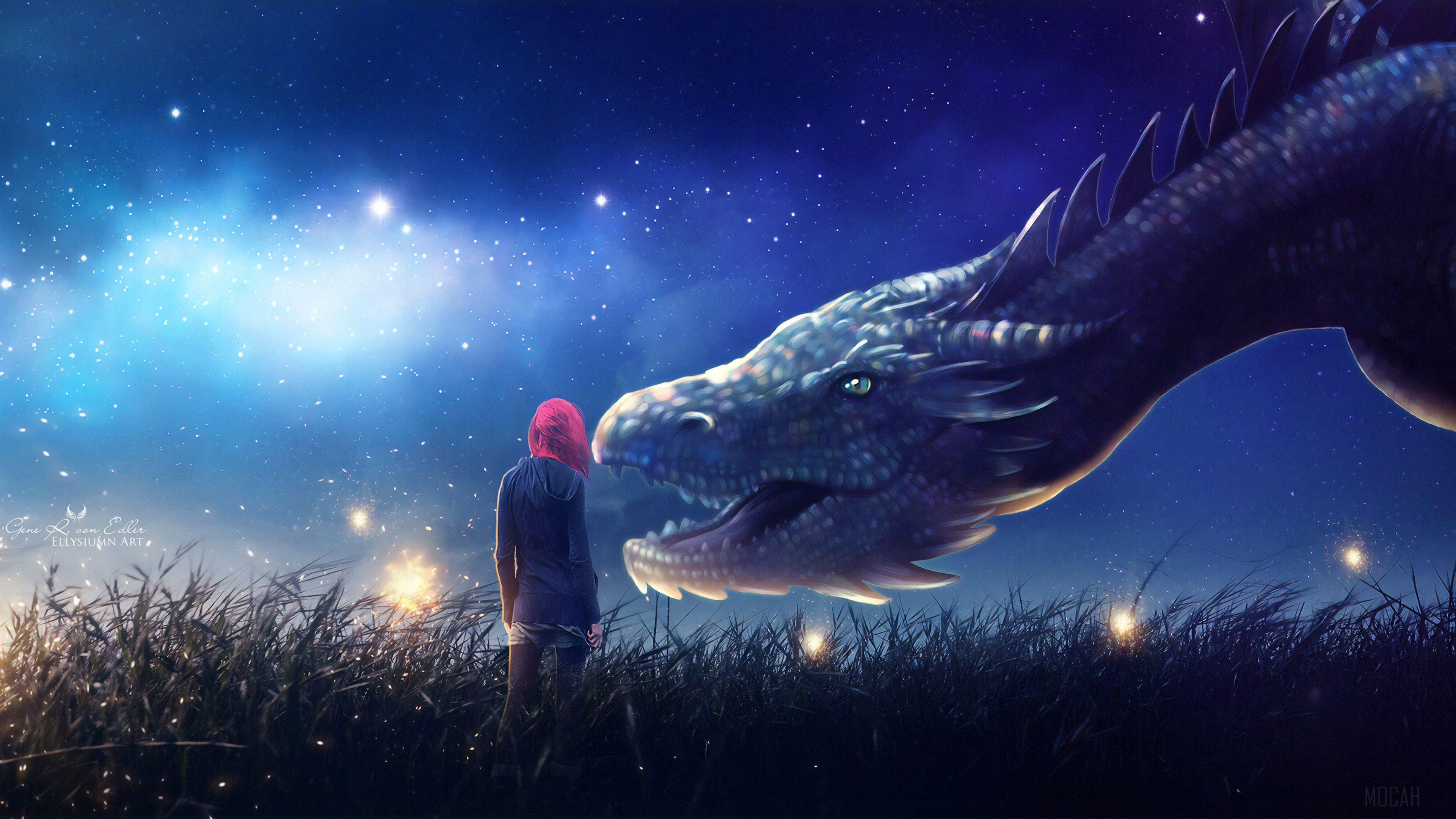 Girl and Dragon under a starry sky 4K HD Wallpaper