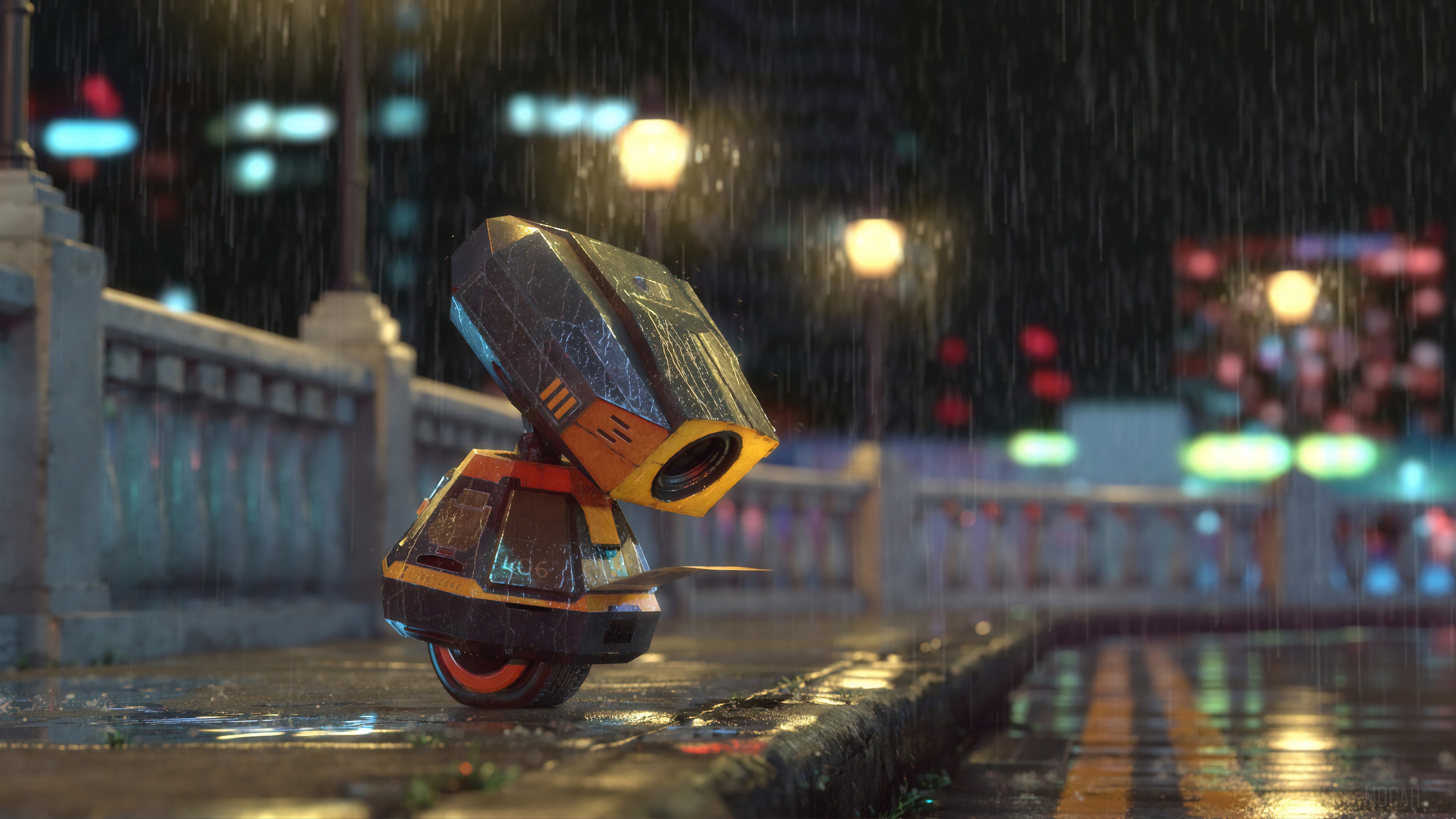 Mail Robot on a Rainy City Street 4K HD Wallpaper