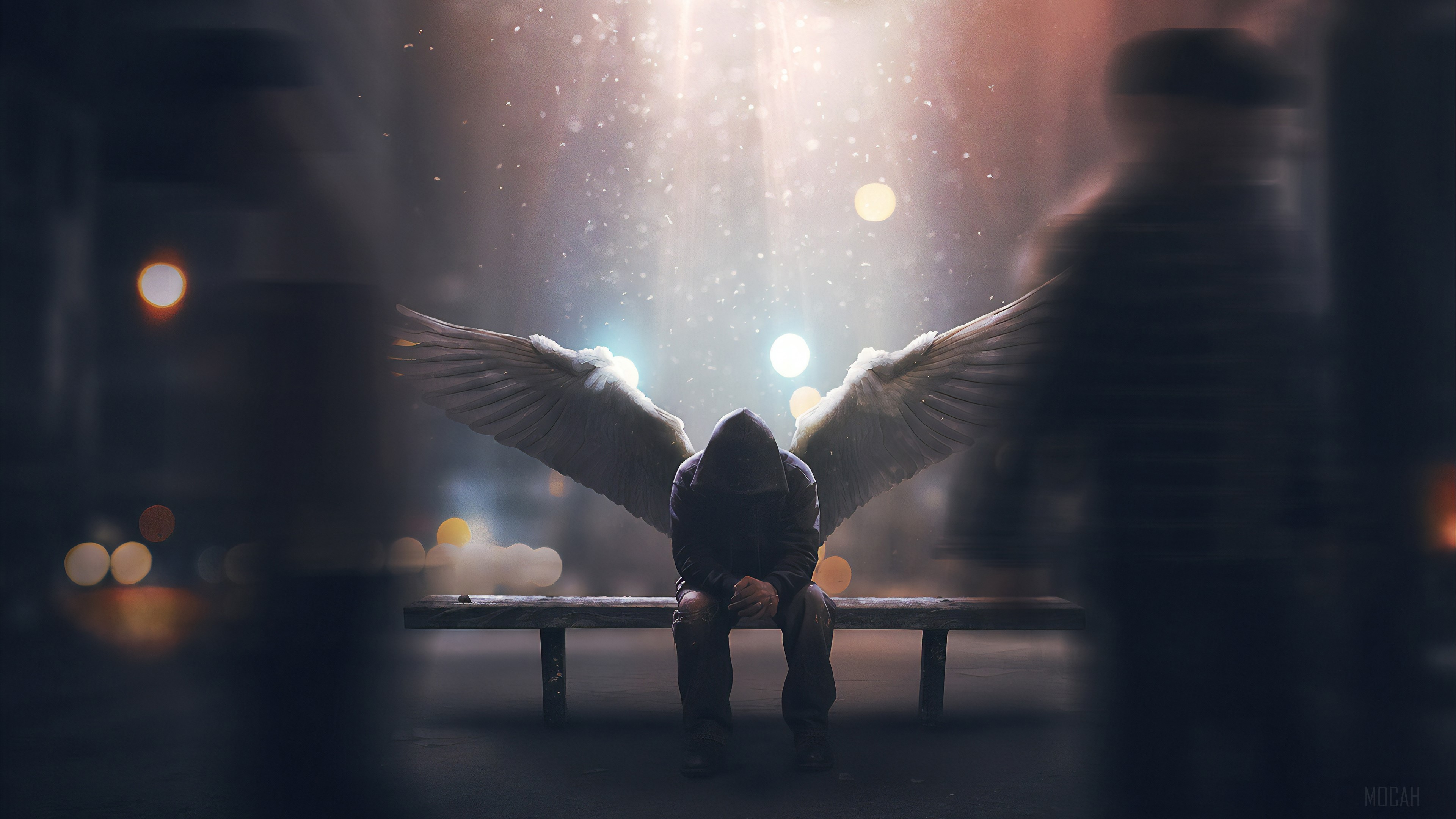 Sad Angel Sitting on a Bench 4K HD Wallpaper