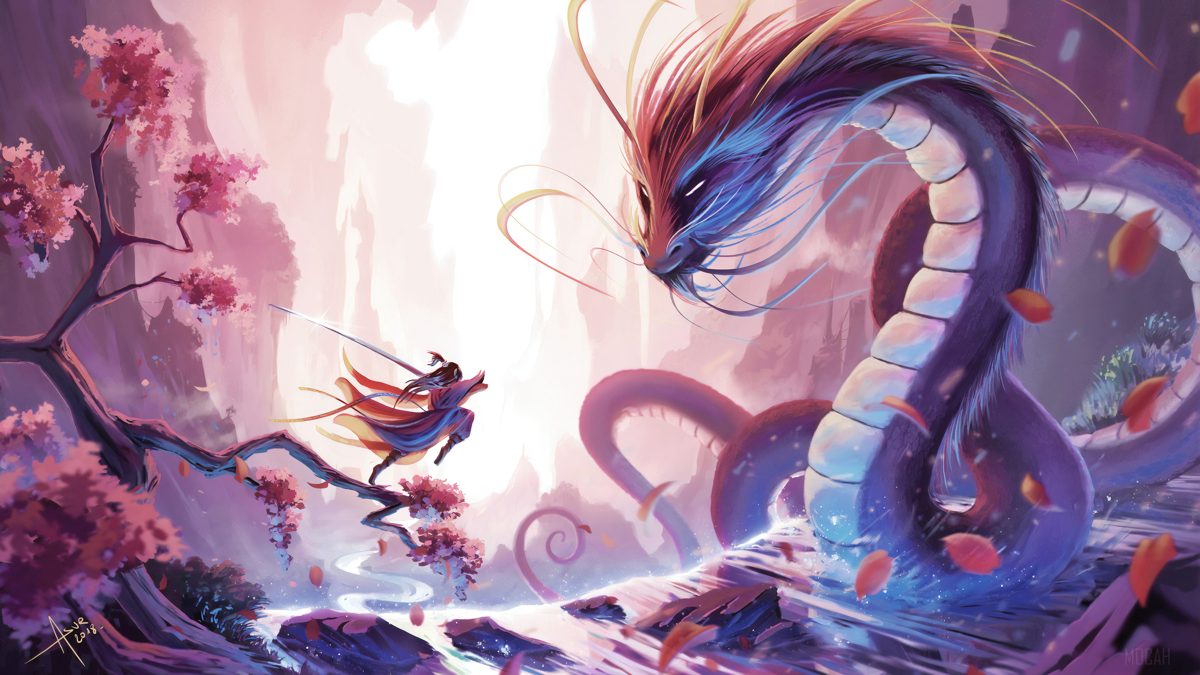 Humanoid warrior fights a large dragon HD Wallpaper
