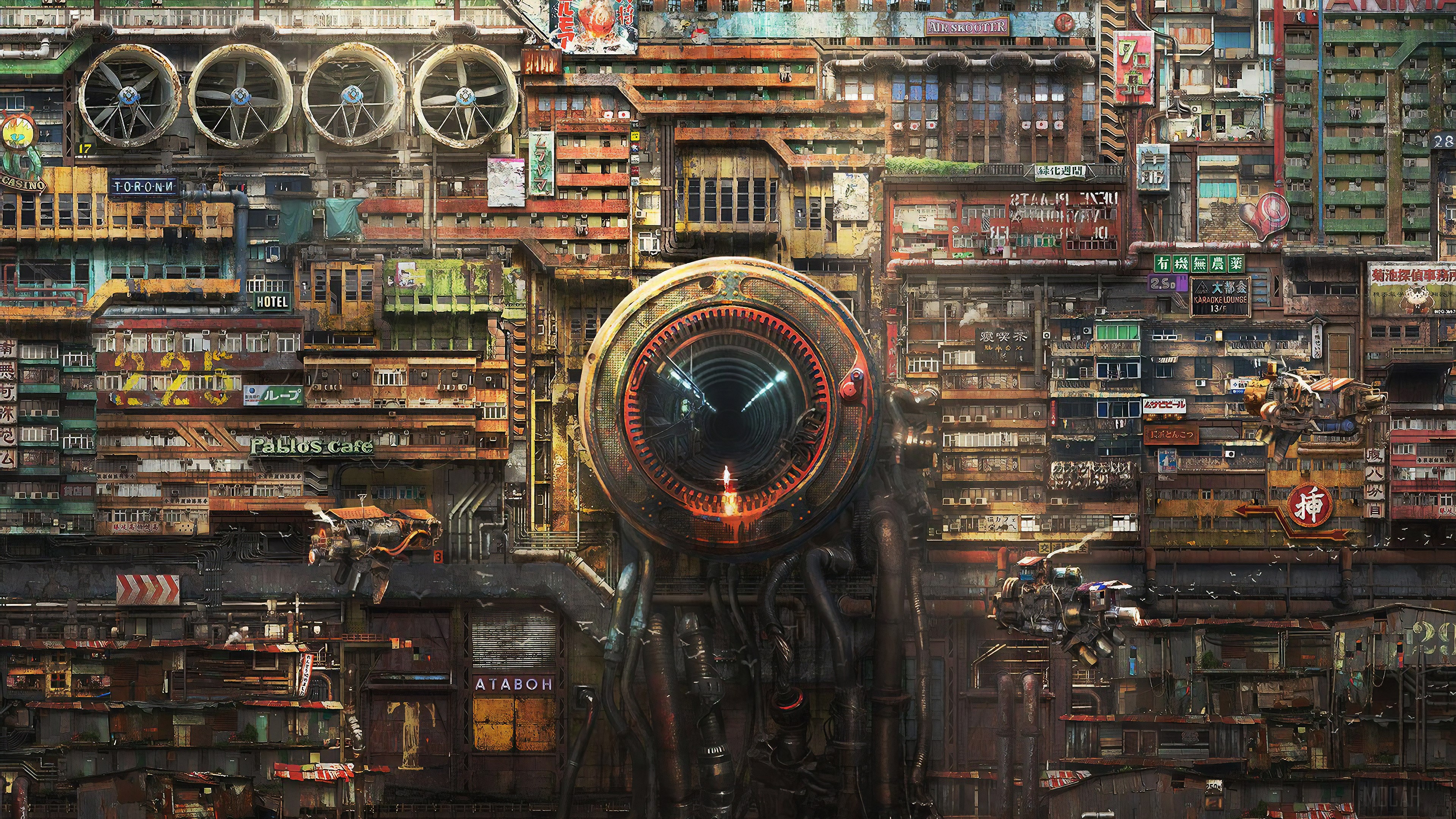 Cyberpunk Cityscape with Central Eye Structure 4K HD Wallpaper