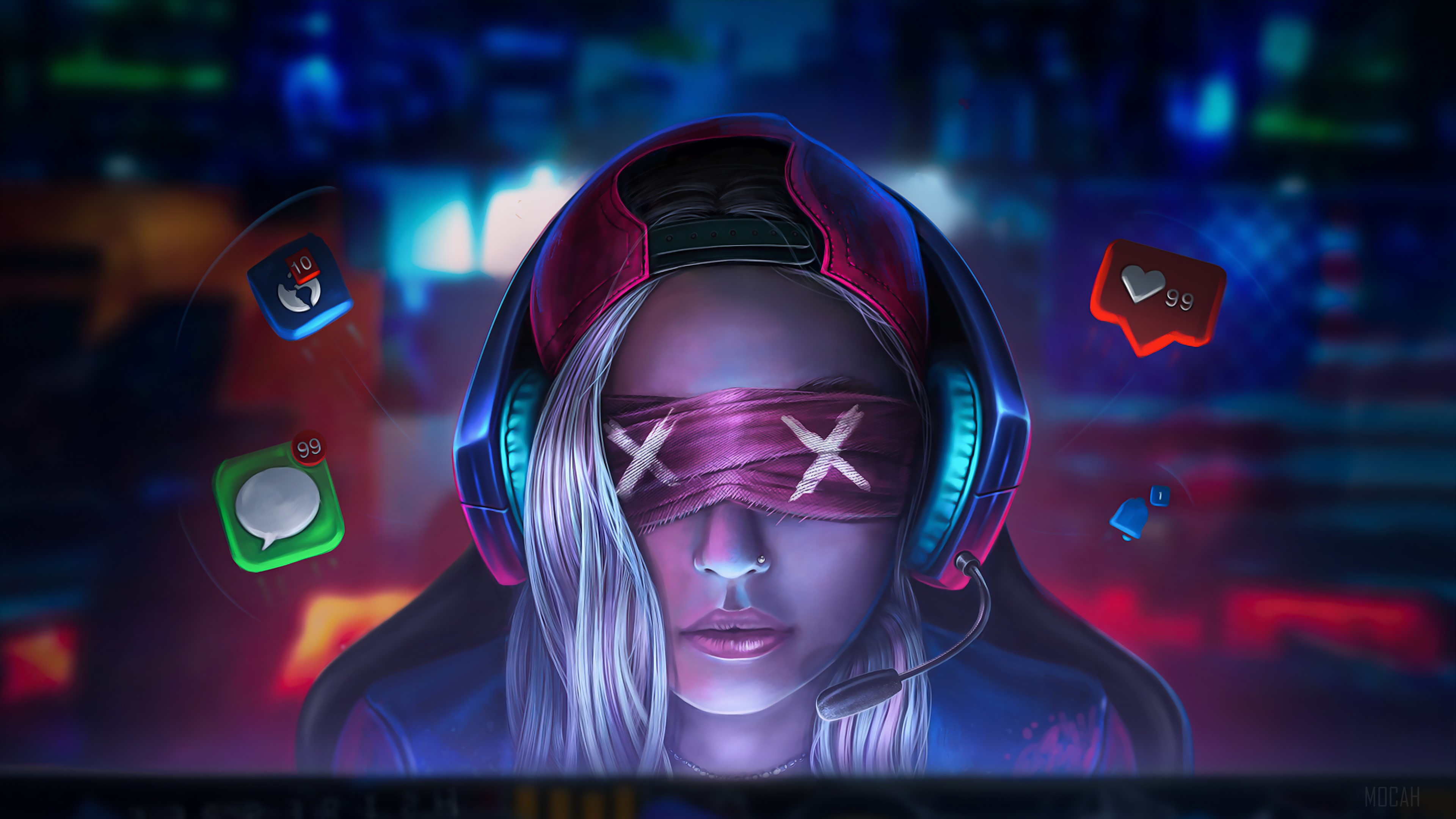 Blindfolded Gamer with Social Media Notifications 4K HD Wallpaper