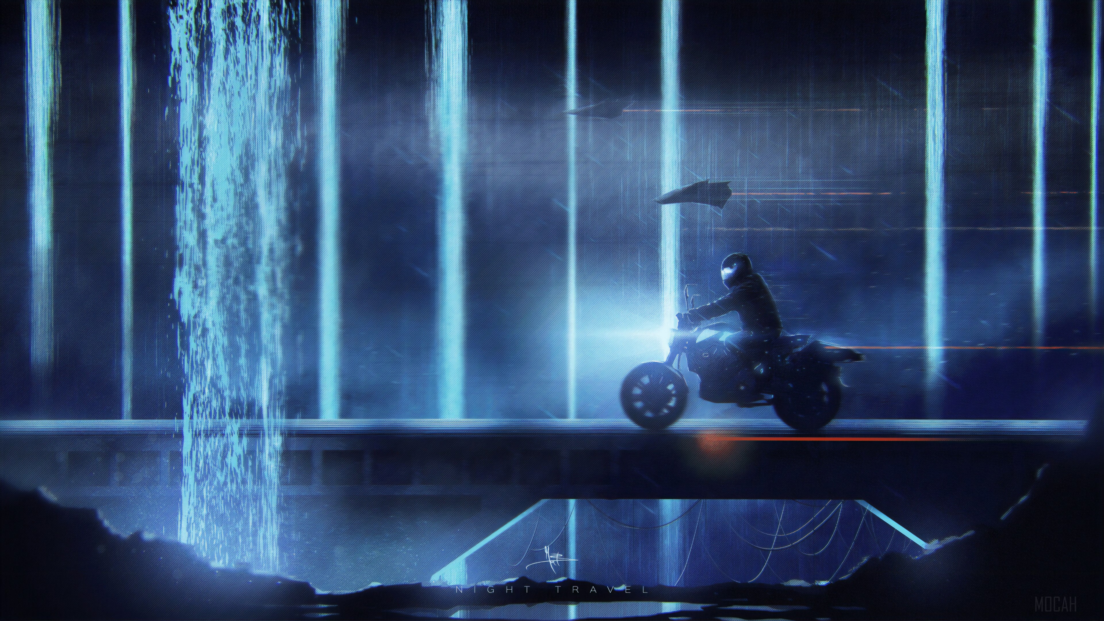 Motorcyclist on a bridge with futuristic lights HD Wallpaper