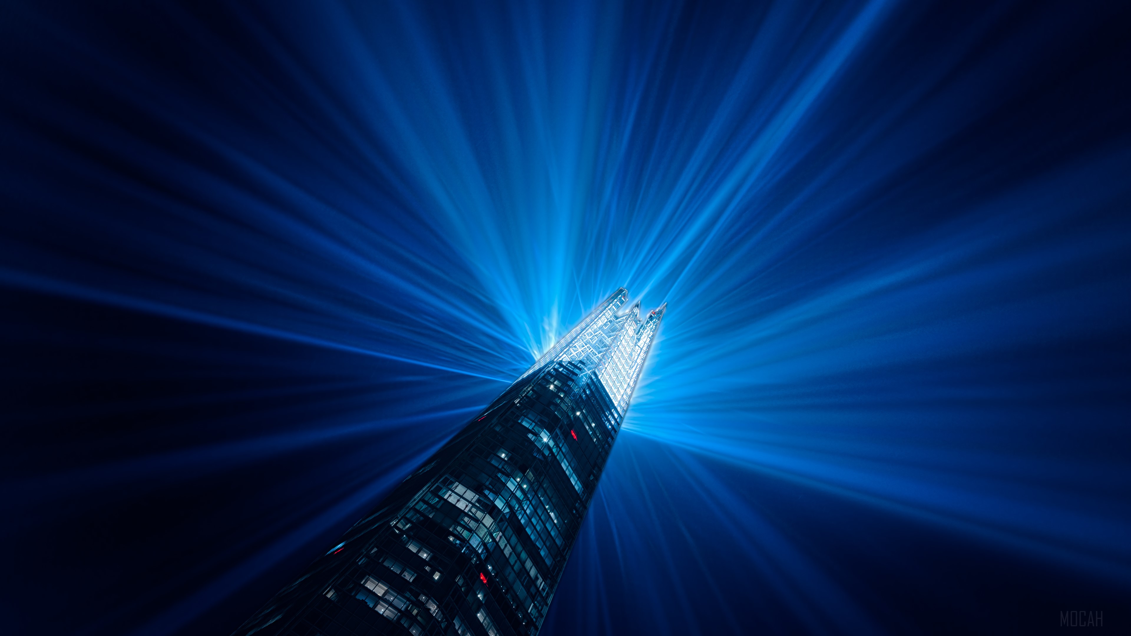 The Shard skyscraper illuminated with blue lights in London 4K HD Wallpaper