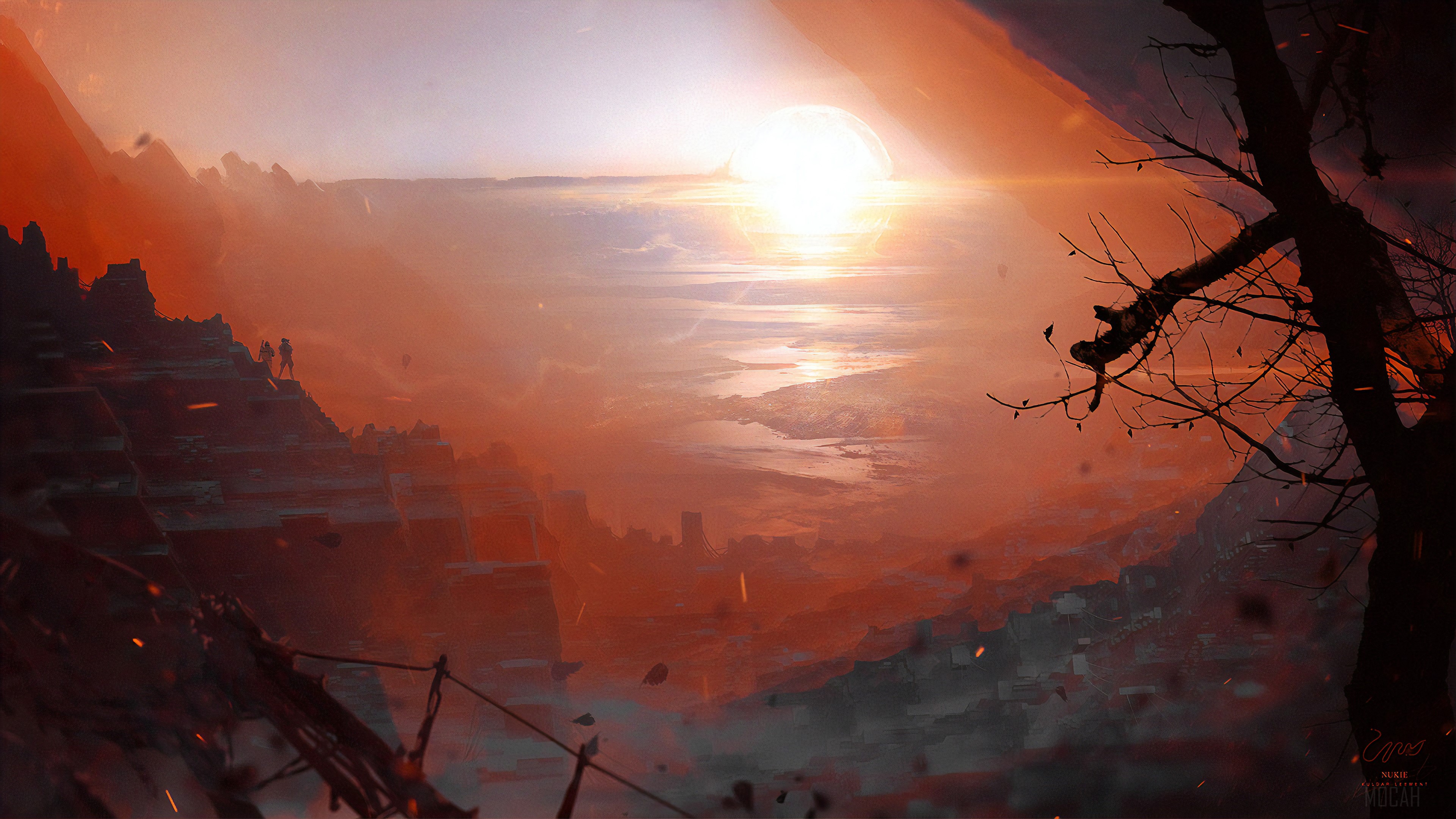 Explorers in a desolate landscape at sunset 4K HD Wallpaper