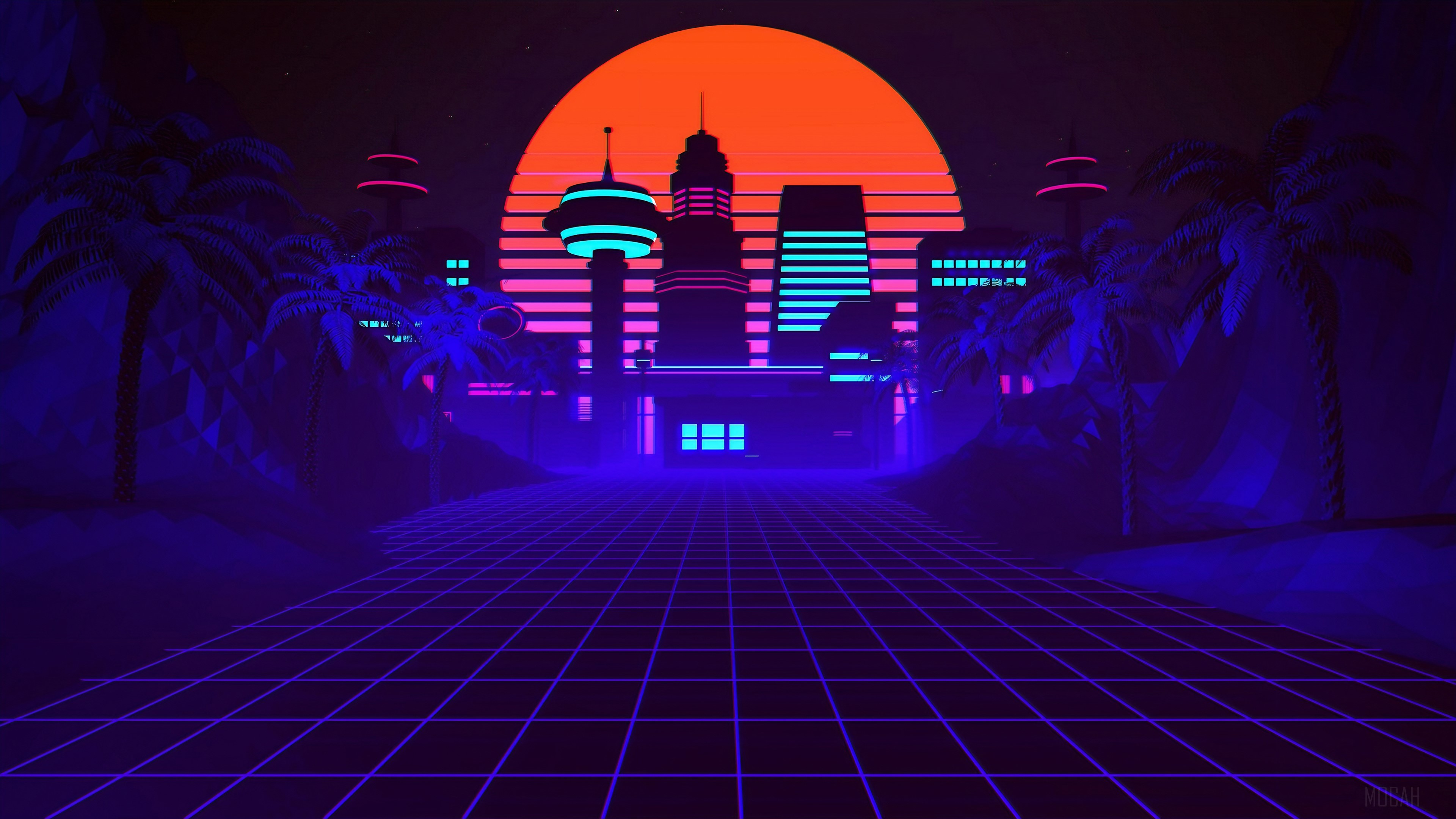 Retro Cityscape with Neon Grid and Palm Trees 4K HD Wallpaper