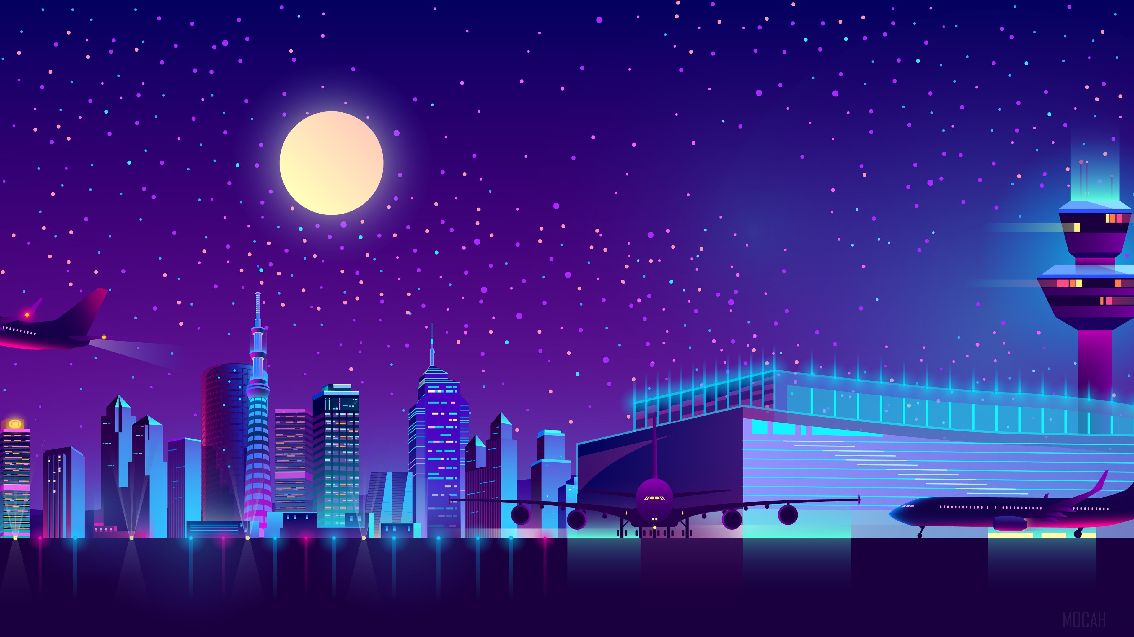 Minimalist Airport Cityscape at Night 4K HD Wallpaper