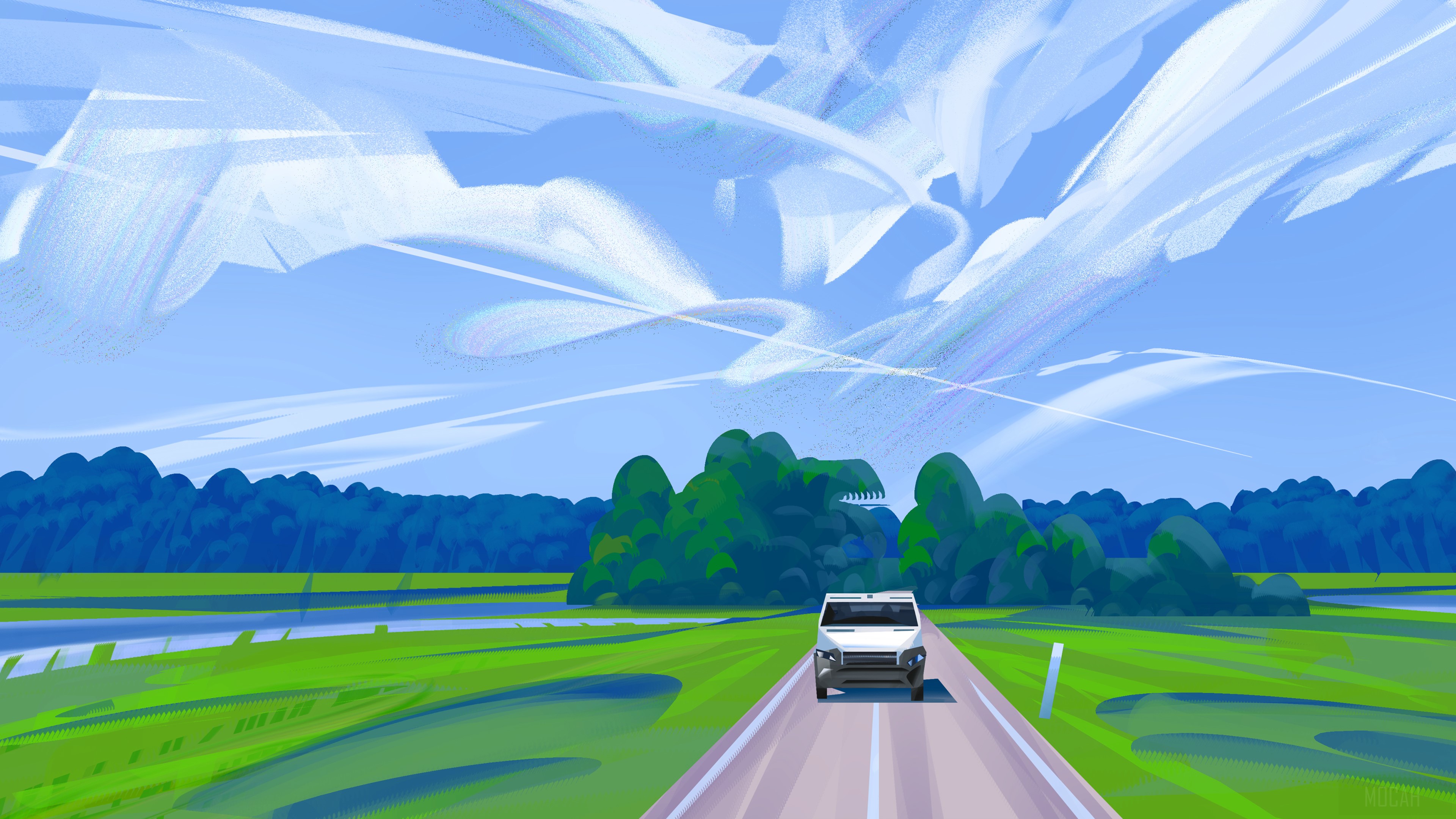 White vehicle on a road with green landscape and clouds HD Wallpaper