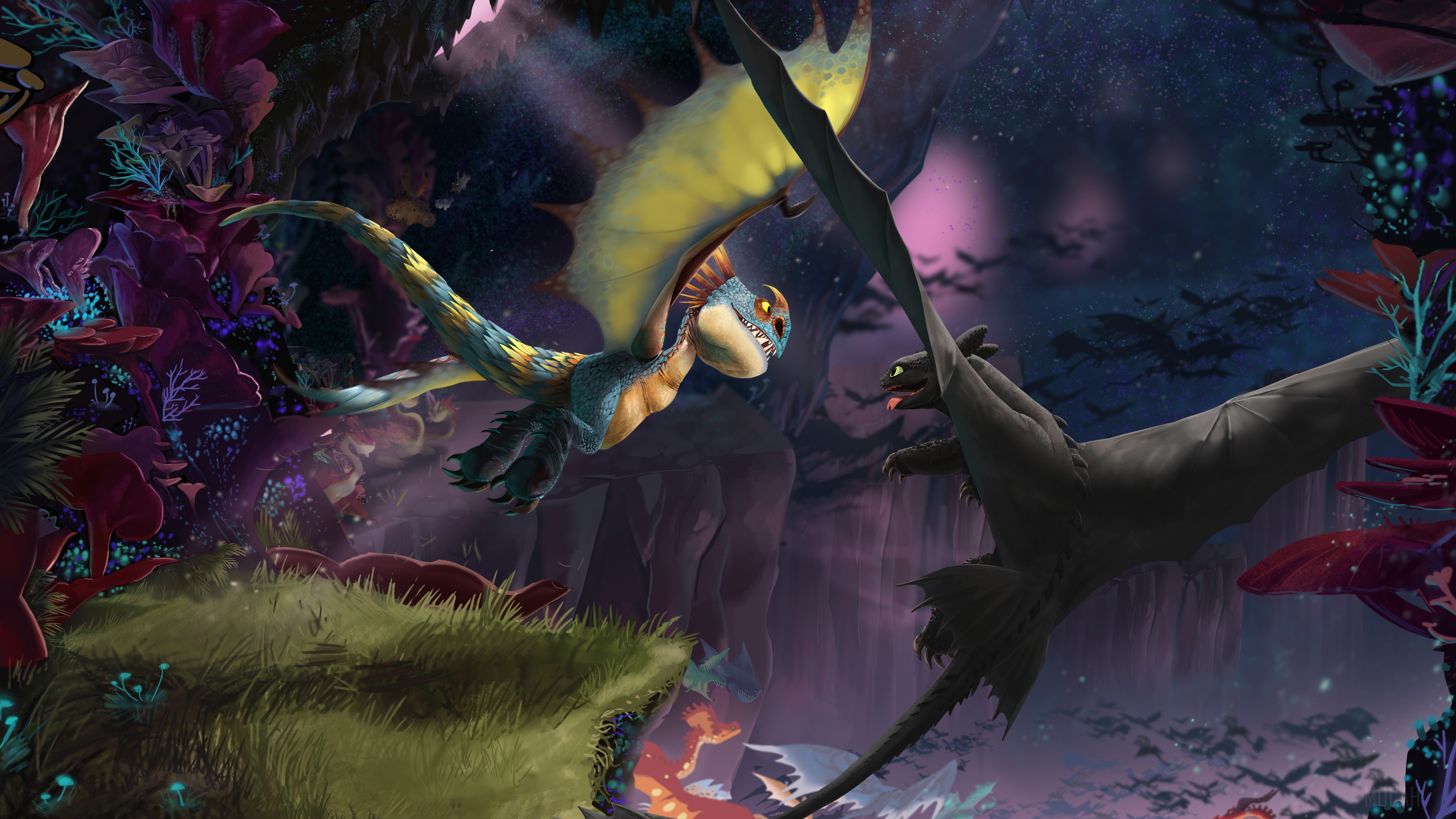 Dragons flying in a mystical cave 4K HD Wallpaper