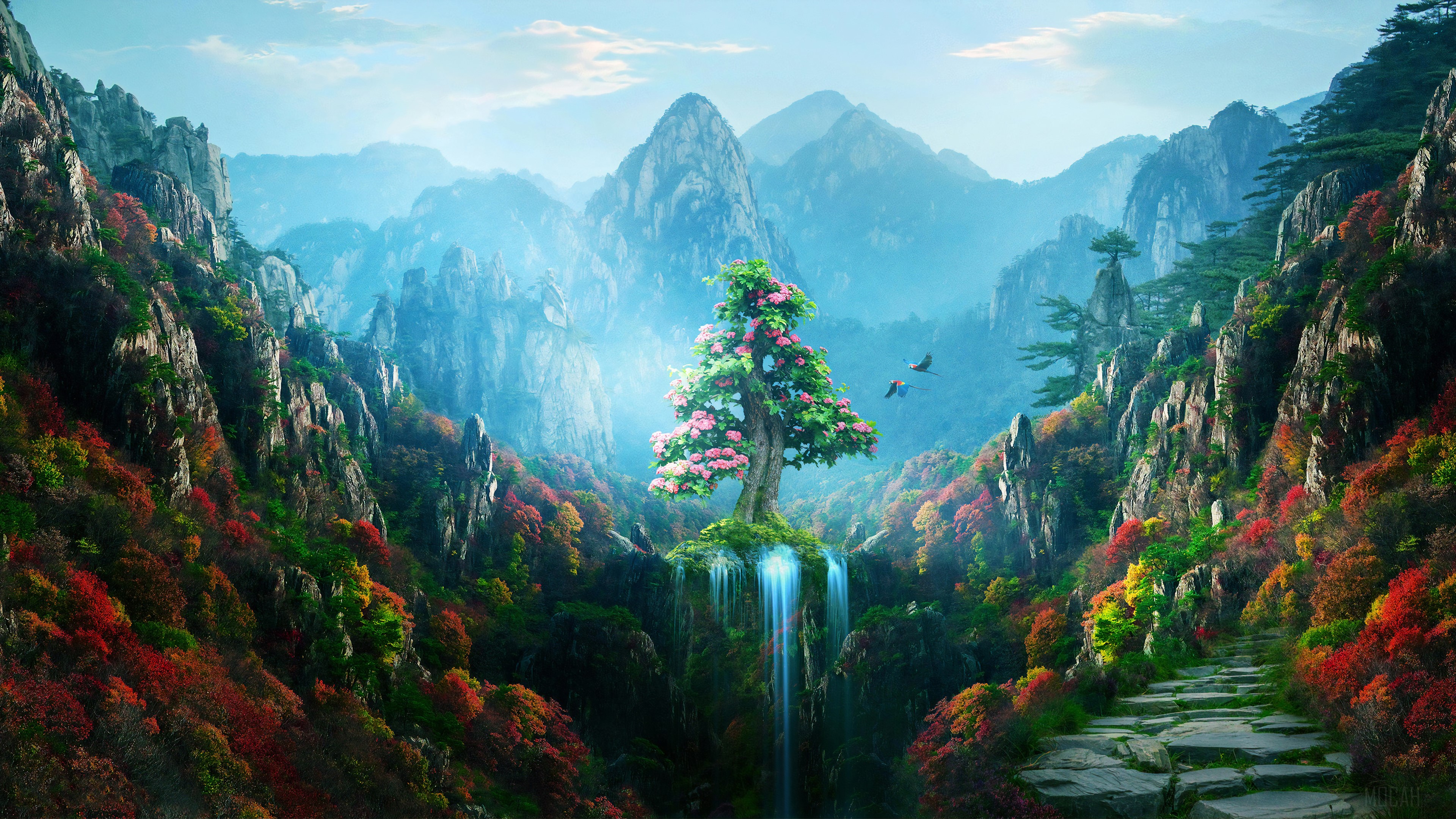 Magical Forest with Waterfall and Mountains 4K HD Wallpaper