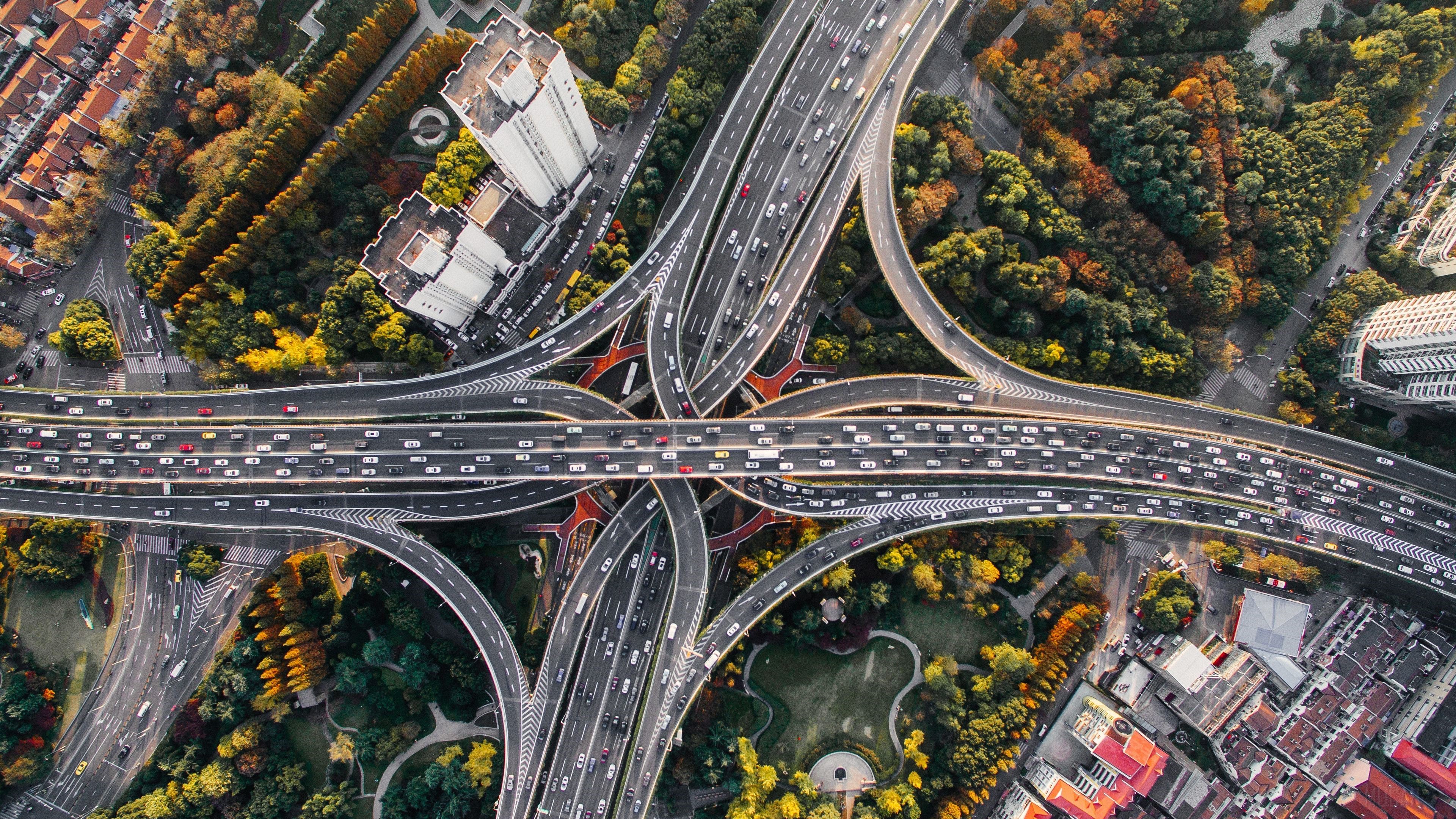 Aerial View of Shanghai Highway Interchange in 4K HD Wallpaper