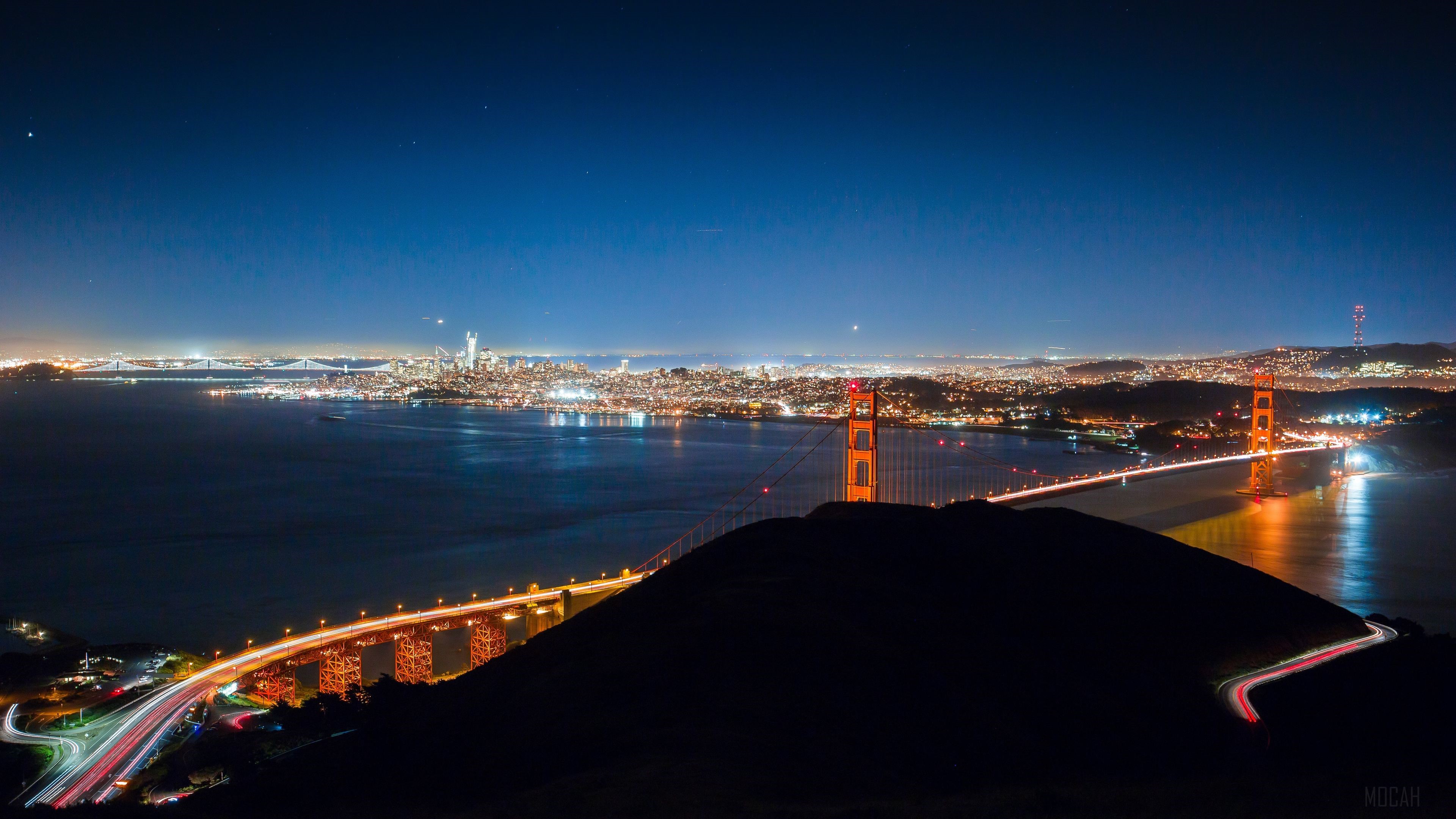 Golden Gate Bridge and San Francisco Skyline at Night 4K HD Wallpaper