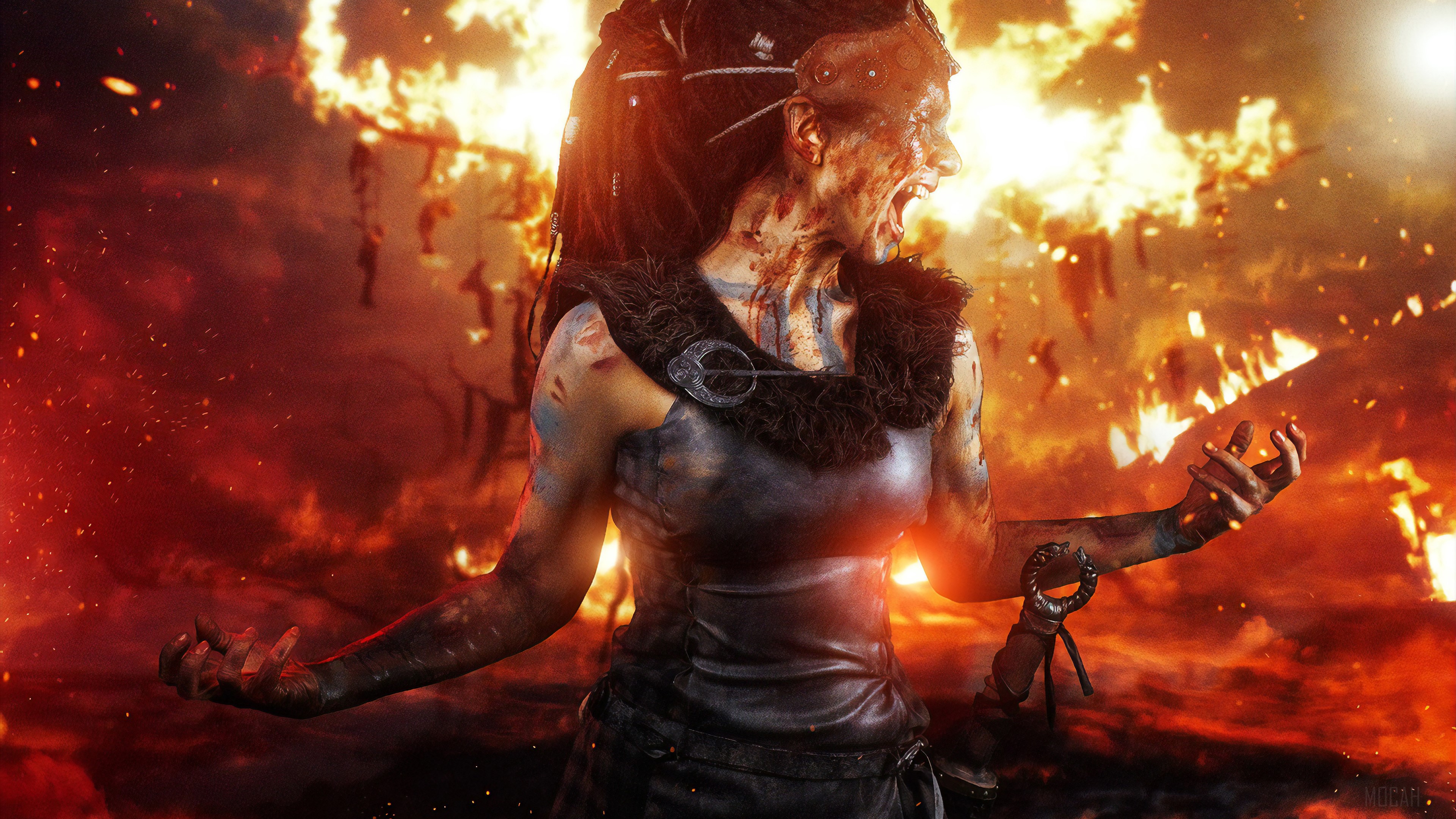 Senua from Hellblade: Senua's Sacrifice in fire 4K HD Wallpaper