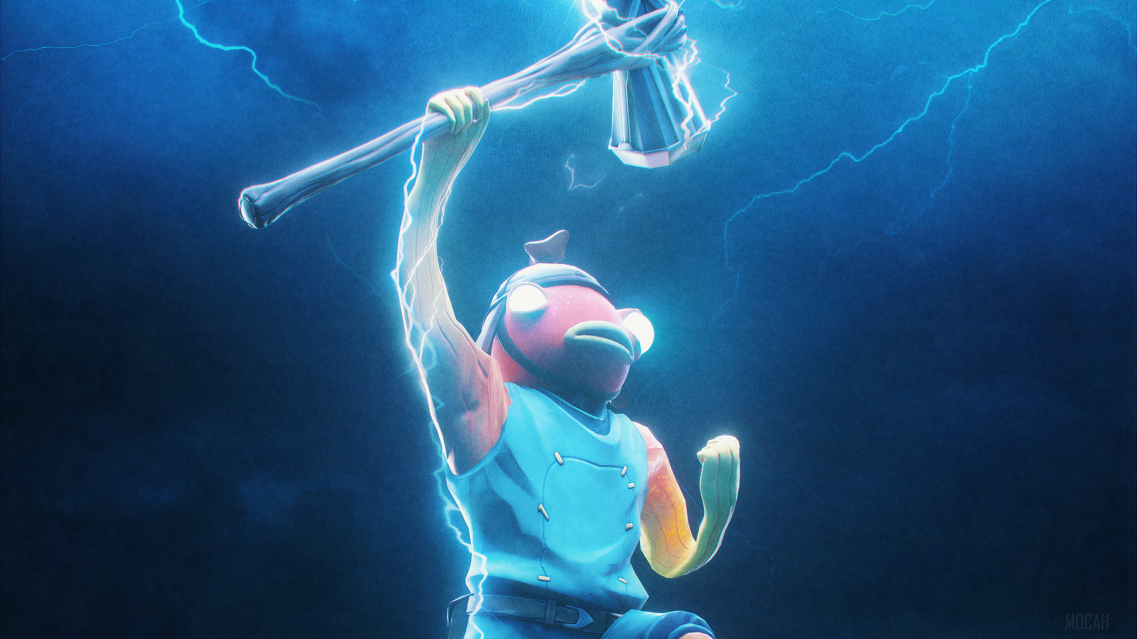 Fishstick from Fortnite holding Mjolnir with lightning HD Wallpaper