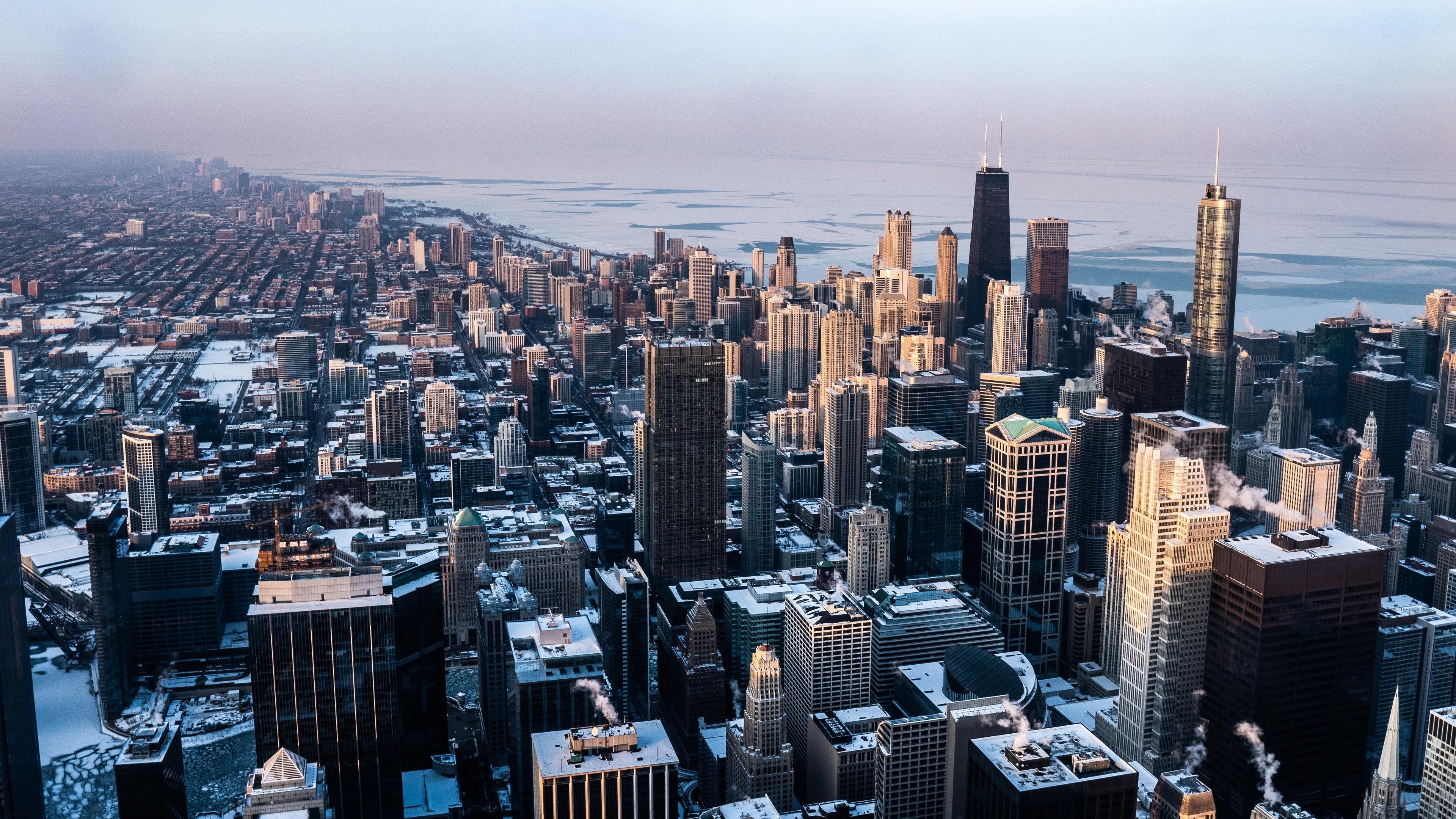 Chicago skyline in winter 4K HD Wallpaper