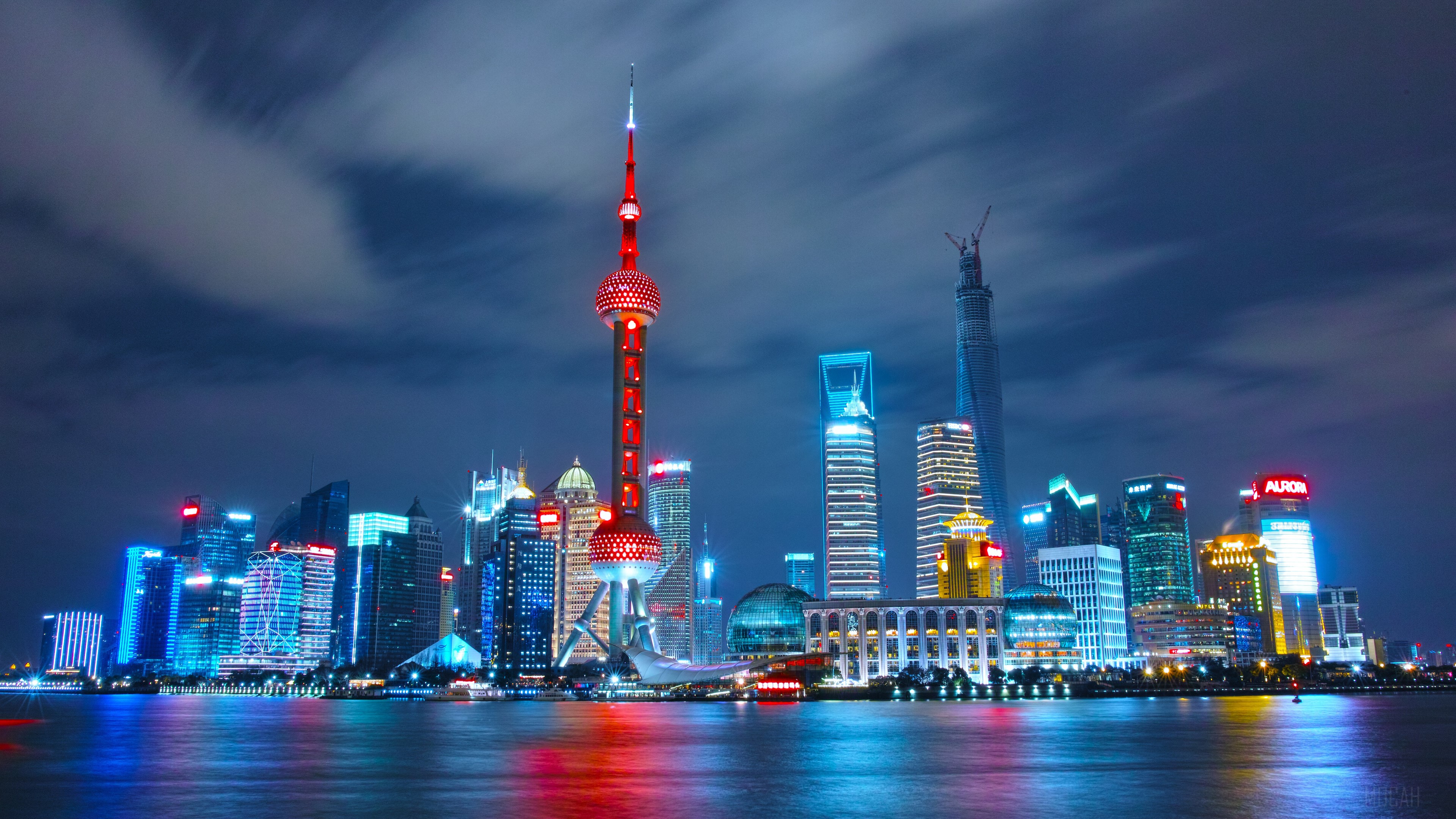 Shanghai Skyline with Oriental Pearl Tower at Night 4K HD Wallpaper