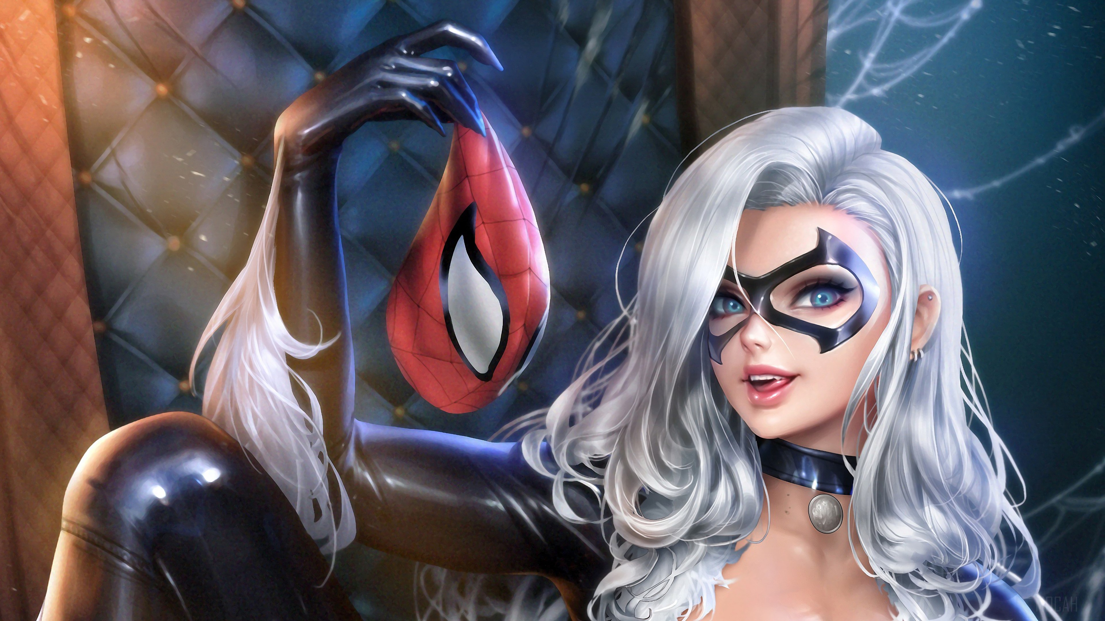 Black Cat holding Spider-Man mask HD Wallpaper