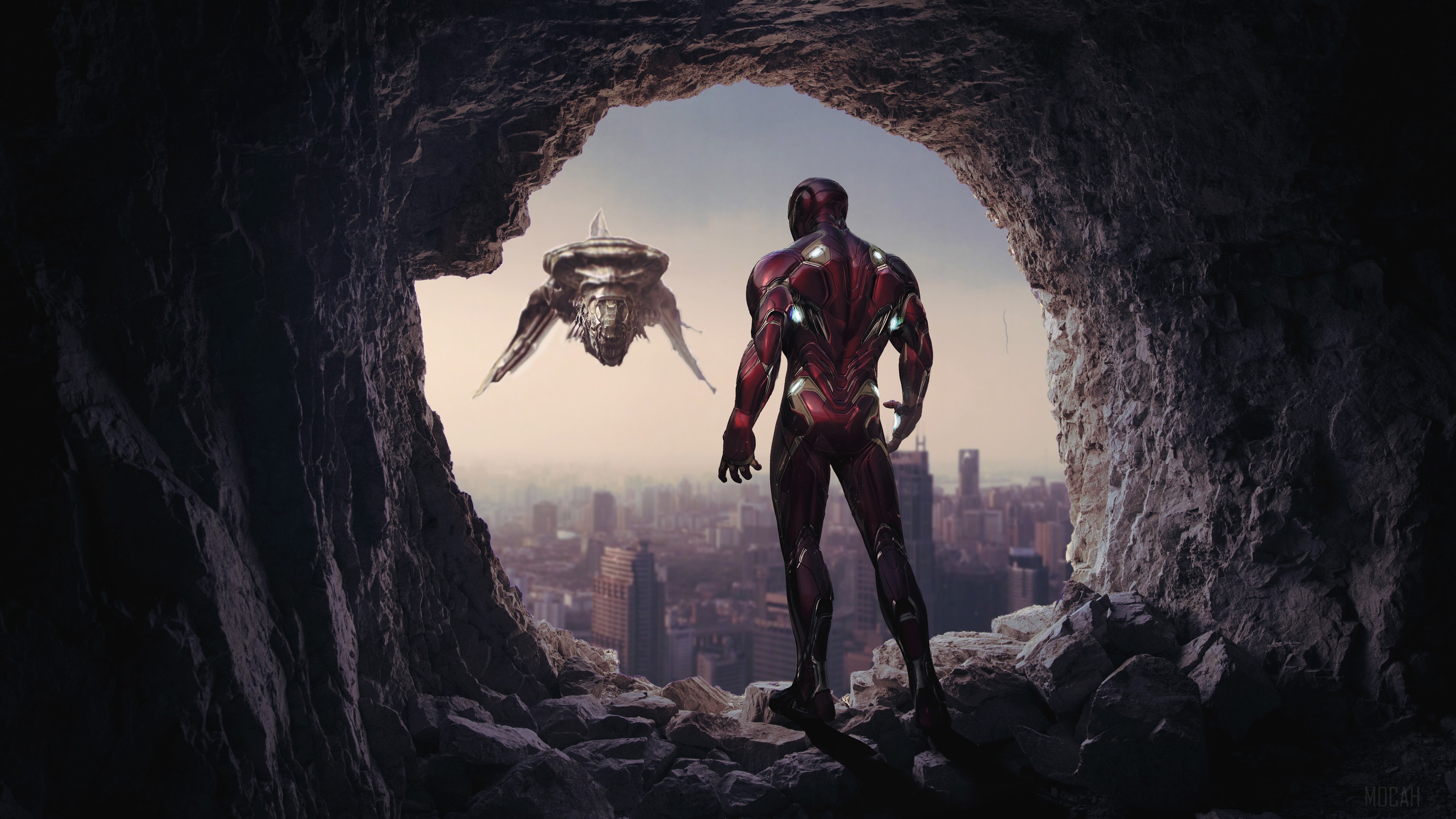 Iron Man from Avengers Endgame in a cave overlooking city HD Wallpaper