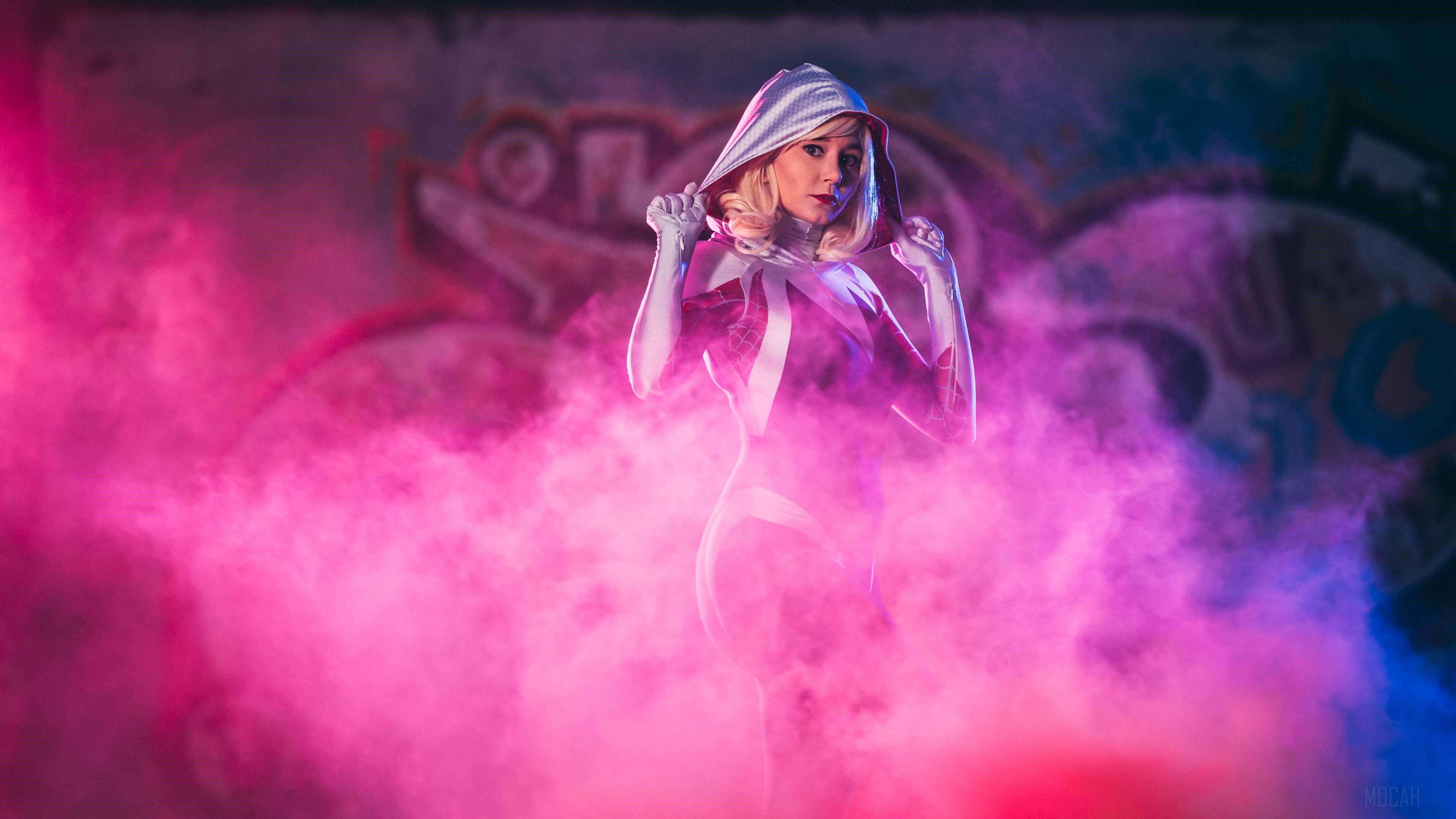 Spider-Gwen Cosplayer in Pink Smoke HD Wallpaper