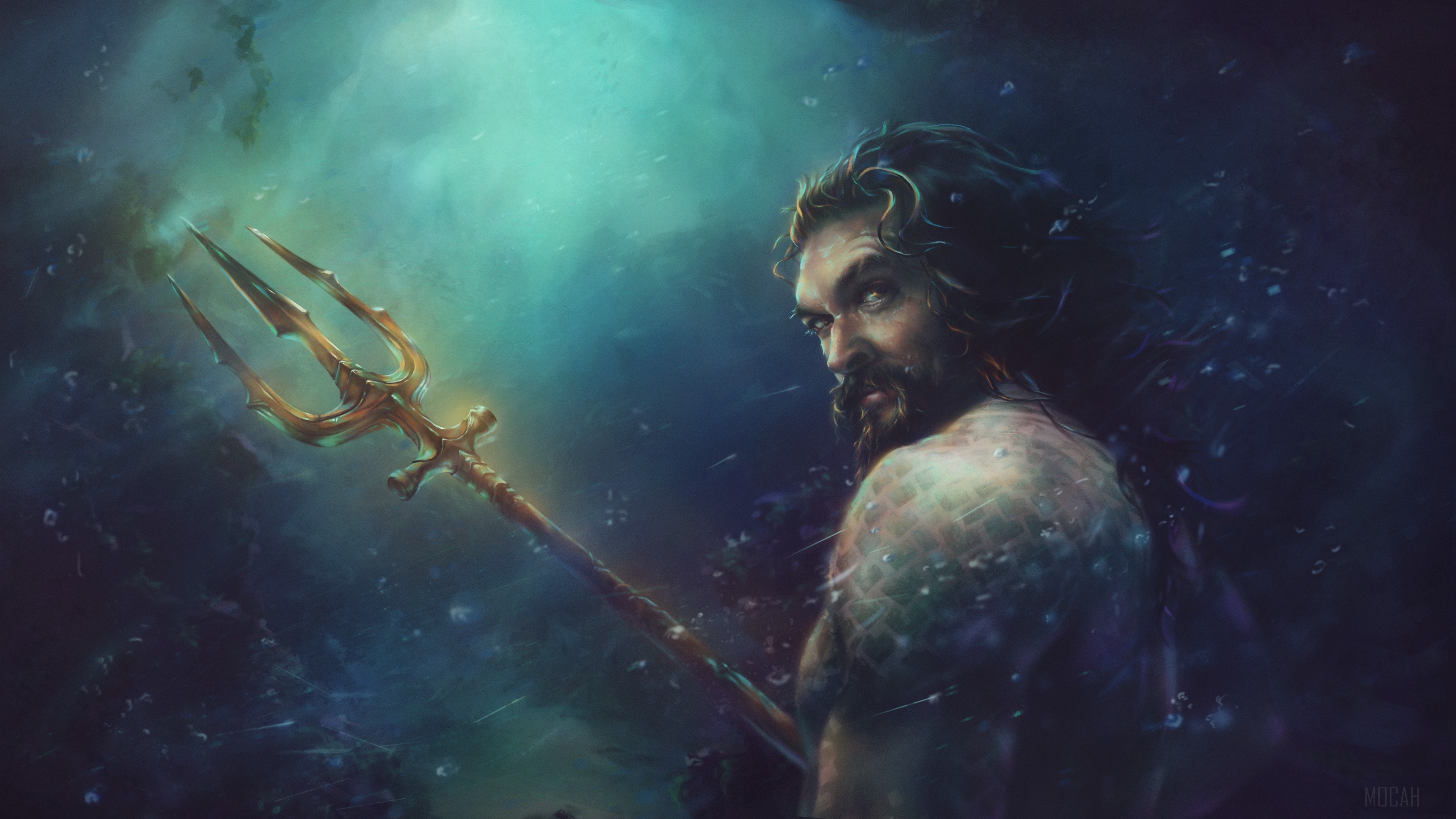 Aquaman holding a trident underwater HD Wallpaper