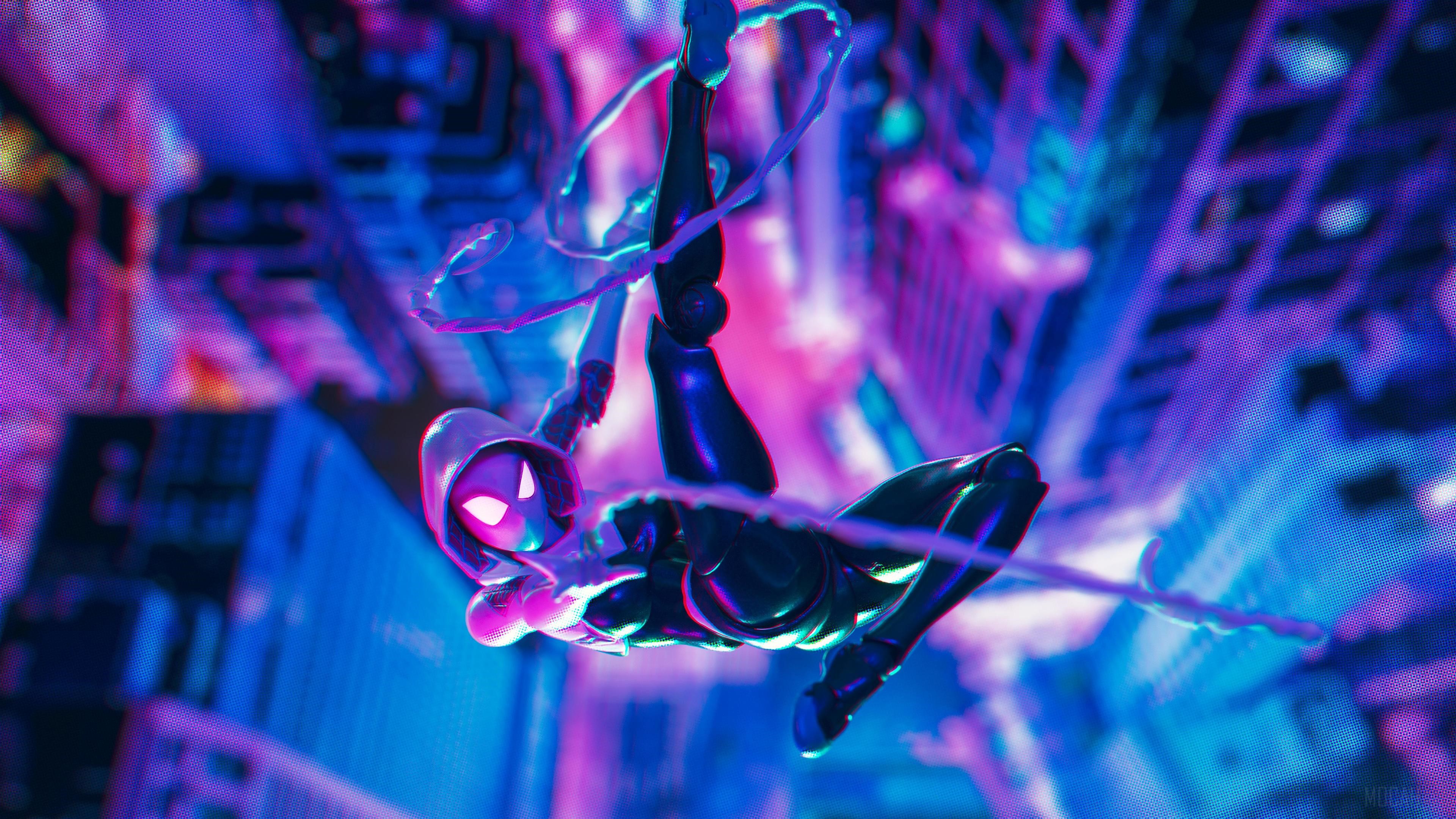 Spider-Gwen from Spider-Verse swinging through a neon city HD Wallpaper