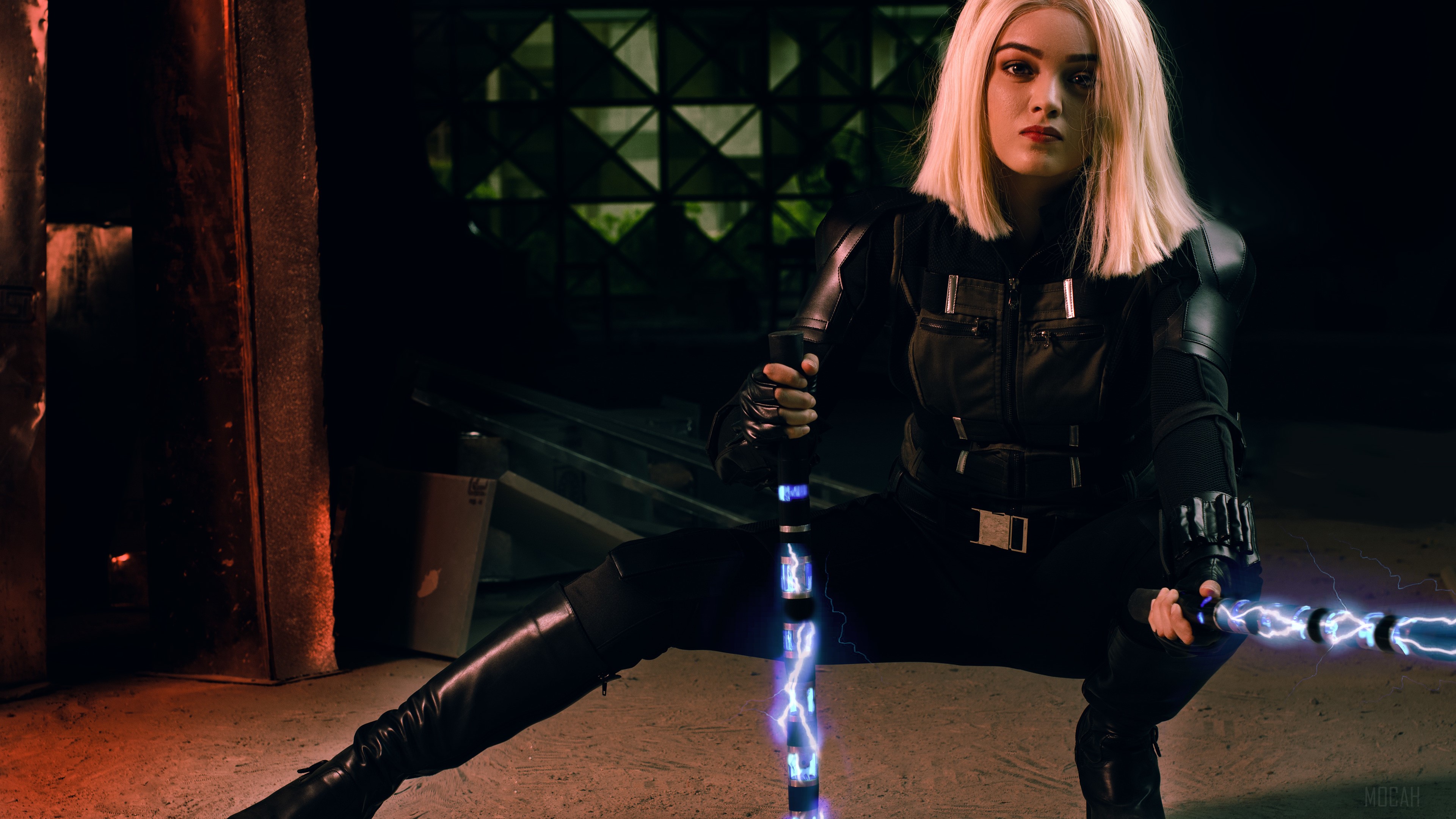 4K Black Widow Cosplay with Lightning Batons HD Wallpaper