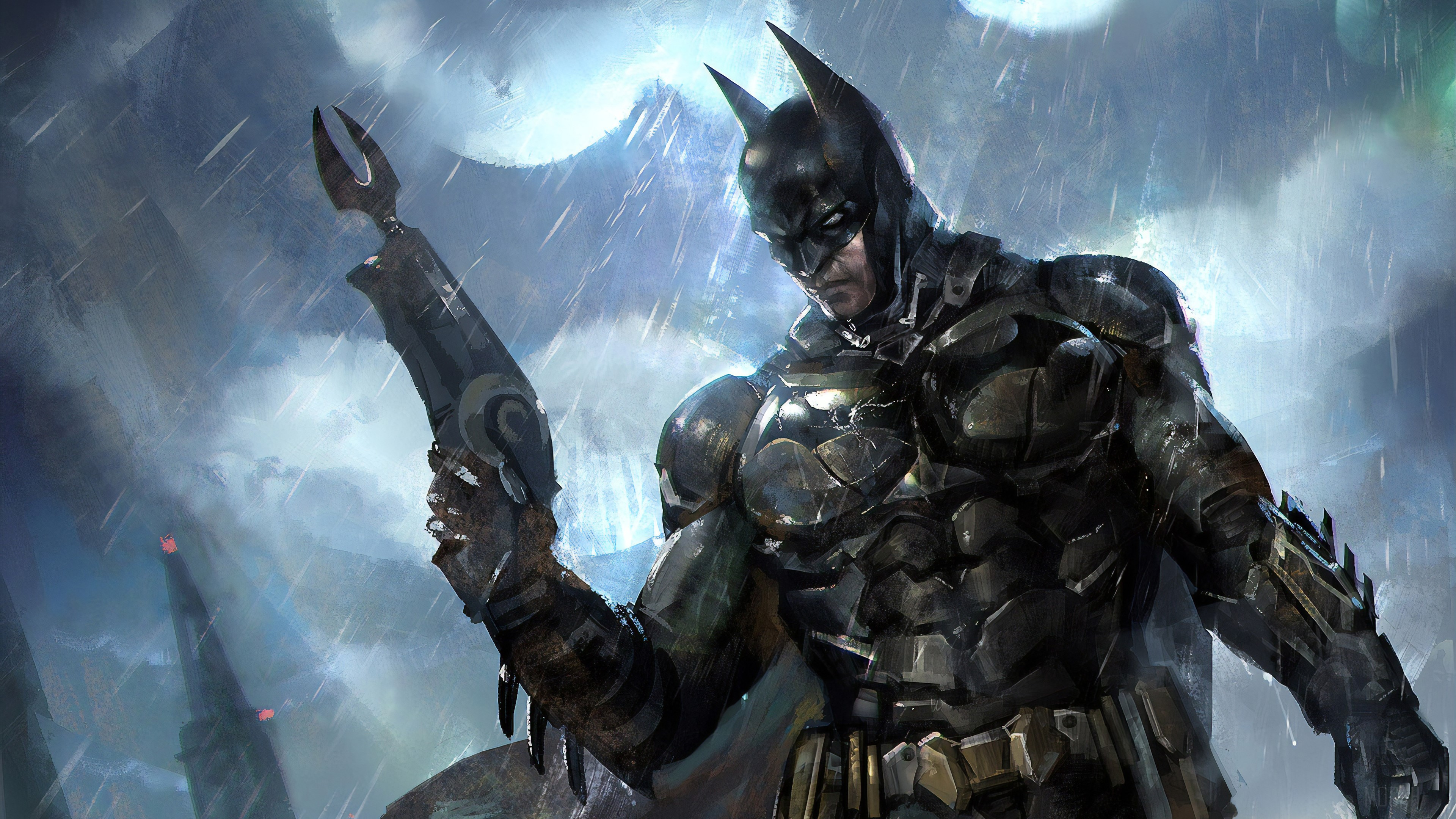 4K Batman holding a Batarang in the rain HD Wallpaper